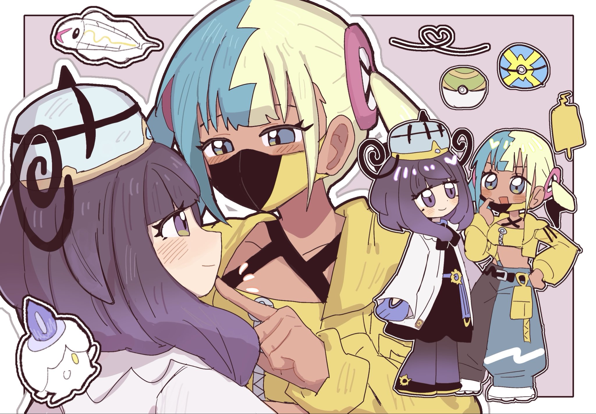 han0579, canari (pokemon), gwynn (pokemon), litwick, rotom, rotom phone, tynamo, nintendo, pokemon, pokemon legends: z-a, highres, 2girls, :d, black dress, black hair, black pants, black shoes, blonde hair, blue hair, blue pants, blush, bob cut, chibi, chibi inset, closed mouth, coat, crop top, cropped jacket, dark-skinned female, dark skin, dress, eyelashes, gen 4 pokemon, gen 5 pokemon, gloves, hand on another's chin, hat, heart, jacket, looking at another, mask, mask pull, mouth mask, multicolored hair, multiple girls, multiple views, nest ball, open clothes, open coat, open jacket, open mouth, pants, pantyhose, partially fingerless gloves, poke ball, pokemon (creature), purple eyes, purple hair, quick ball, shoes, short hair, smile, two-tone pants, white coat, white shoes, yellow jacket, yuri
