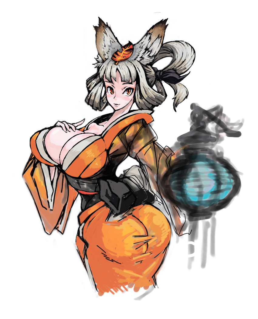 teruki, inari, kongiku, oboro muramasa, vanillaware, 1girl, animal ears, ass, blush, breasts, brown eyes, cleavage, female focus, fox ears, grey hair, huge ass, huge breasts, japanese clothes, kimono, lantern, large breasts, leaf, leaf on head, looking back, red eyes, ribbon, smile, solo, twisted torso, white hair