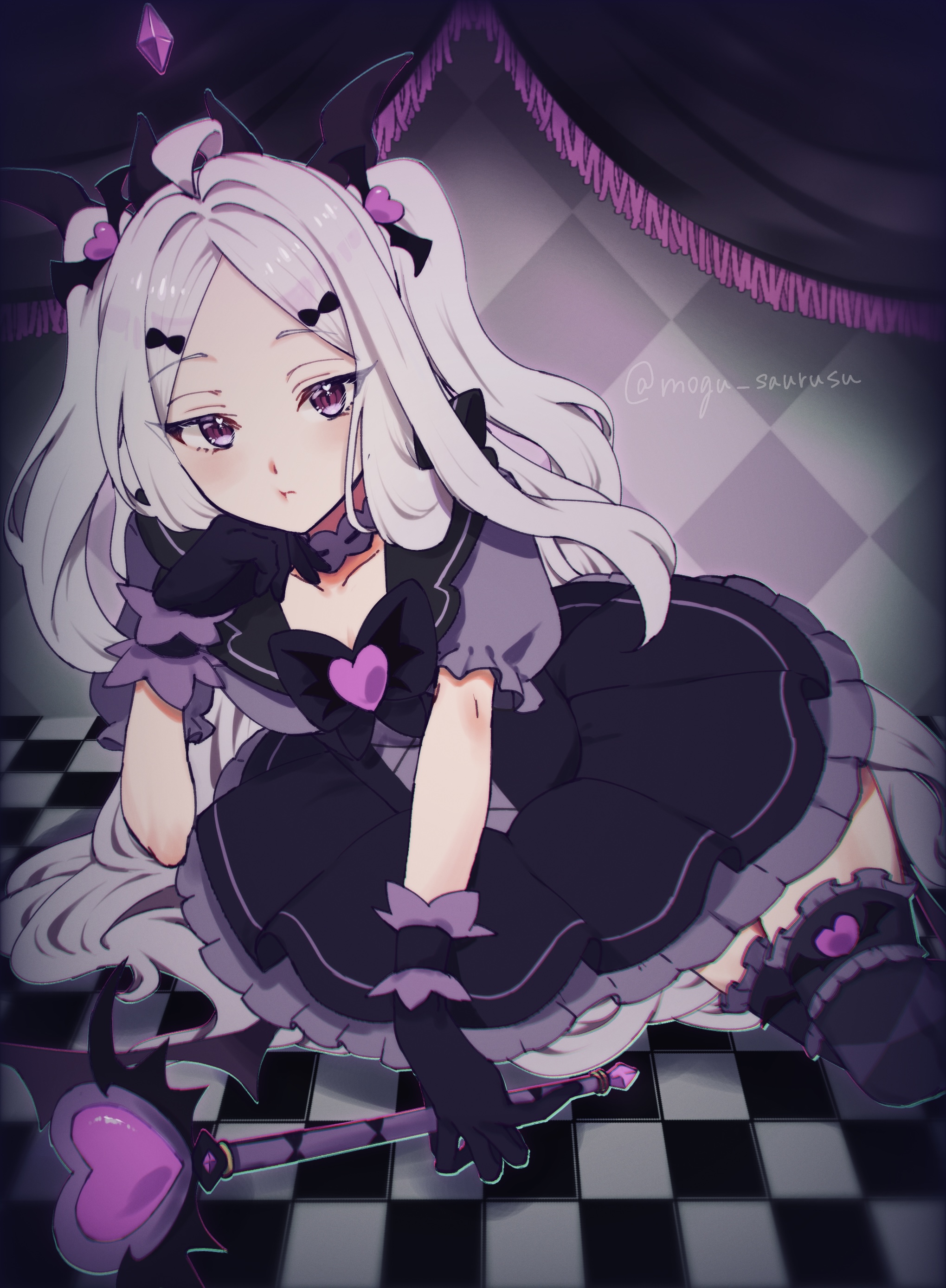 hina (blue archive), blue archive, absurdres, highres, 1girl, ahoge, artist name, black gloves, blush, breasts, demon girl, demon horns, demon wings, gloves, halo, horns, long hair, looking at viewer, low wings, magical girl, purple eyes, small breasts, solo, twintails, very long hair, white hair, wings
