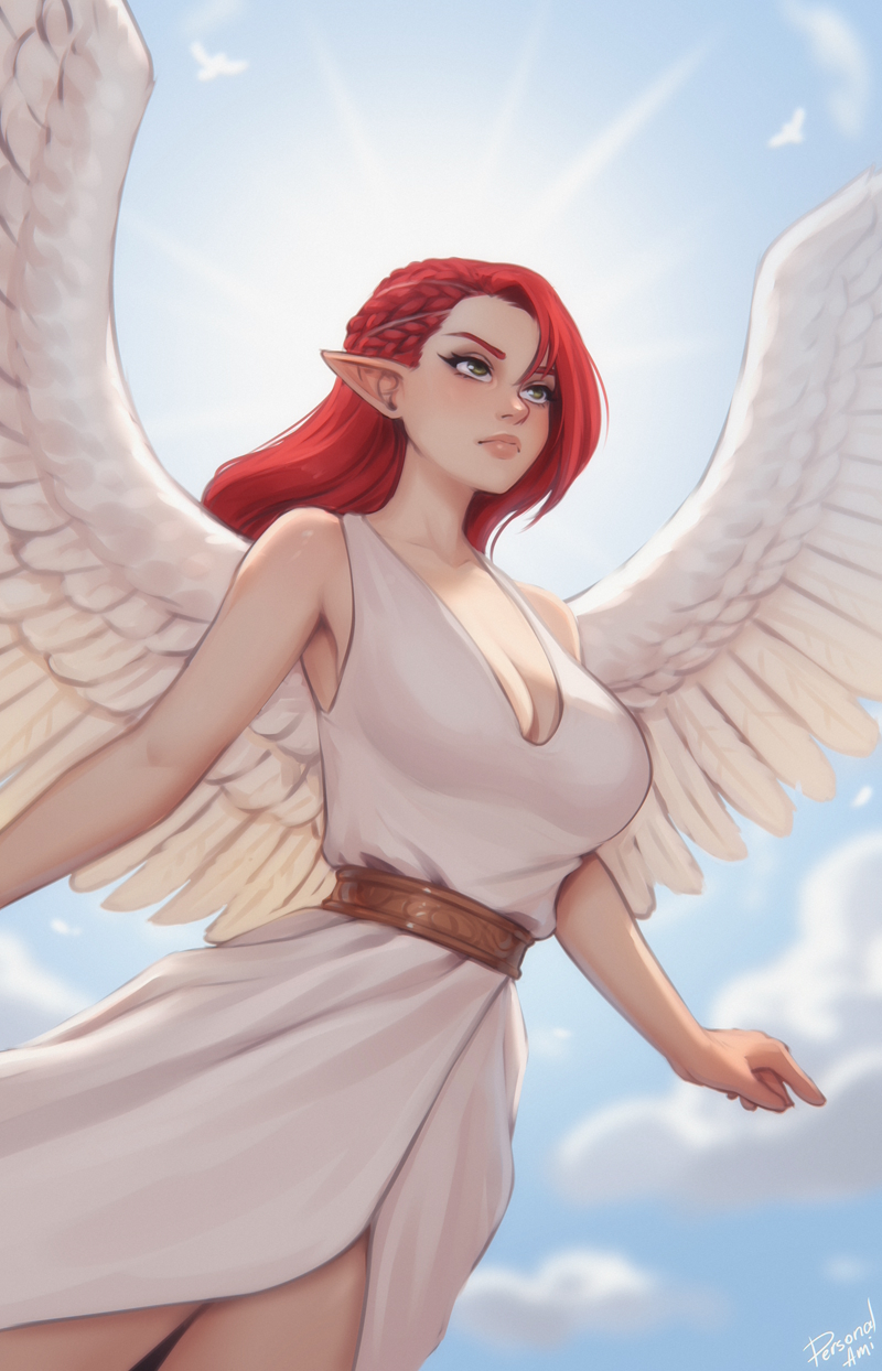 personal ami, original, commentary, english commentary, highres, 1girl, angel, braid, breasts, cleavage, closed mouth, dress, feathered wings, green eyes, large breasts, long hair, pointy ears, red hair, sky, sleeveless, sleeveless dress, solo, white dress, white wings, wings