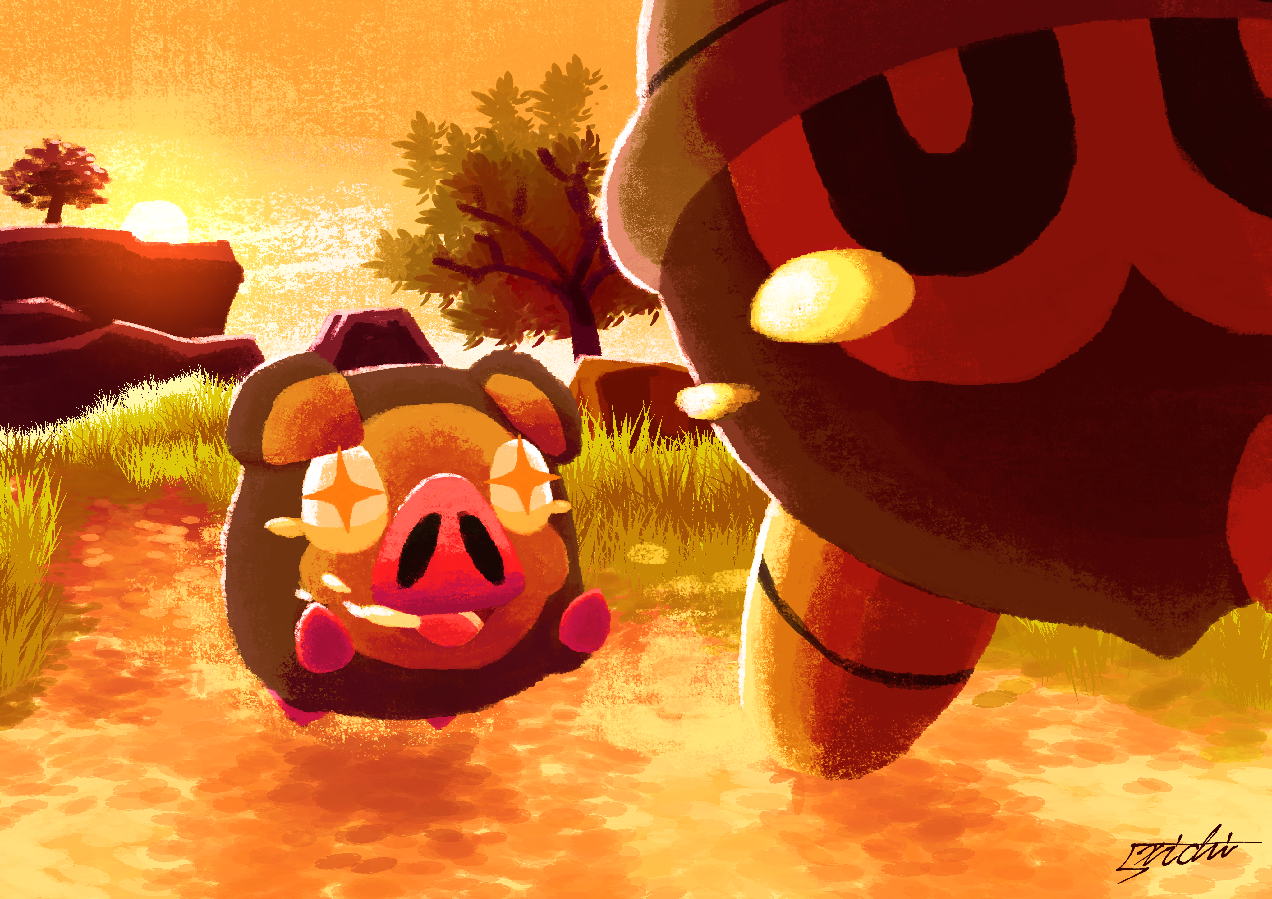 5xichi, lechonk, seedot, nintendo, pokemon, absurdres, highres, + +, gen 3 pokemon, grass, no humans, orange theme, outdoors, pokemon (creature), running, saliva, sunrise, tearing up, tree