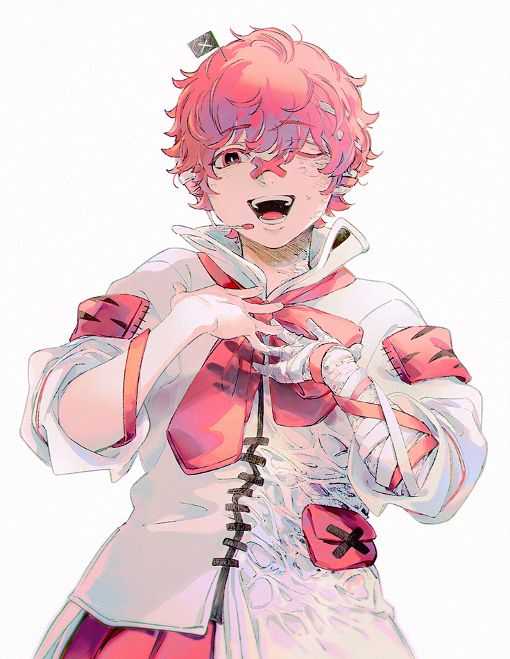 asertr, fukase, vocaloid, commentary, 1boy, ;d, asymmetrical clothes, bandaged arm, bandages, bandaid, bandaid on face, bandaid on nose, black mouth, bow, bowtie, bright pupils, chromatic aberration, coat, colored eyelashes, crossed bandaids, fingernails, flag, from below, hair between eyes, hands on own chest, hands up, head flag, headset, looking at viewer, male focus, one eye closed, open mouth, pleated skirt, red bow, red bowtie, red eyes, red hair, red skirt, short hair, simple background, skirt, smile, solo, standing, straight-on, teeth, three-quarter sleeves, tongue, upper body, white background, white coat, white pupils