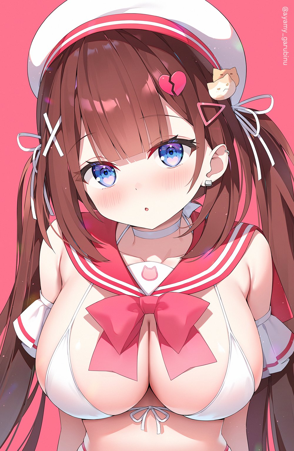 ayamy, ayamy (vtuber), indie virtual youtuber, commentary request, highres, 1girl, arm garter, bare shoulders, bikini, blue eyes, bow, bowtie, breasts, brown hair, choker, cleavage, front-tie bikini top, front-tie top, hair ornament, hair ribbon, hairclip, halterneck, hat, large breasts, long hair, looking at viewer, parted lips, red sailor collar, ribbon, sailor collar, solo, string bikini, swimsuit, twintails, upper body, virtual youtuber, white bikini, white choker, white hat, x hair ornament