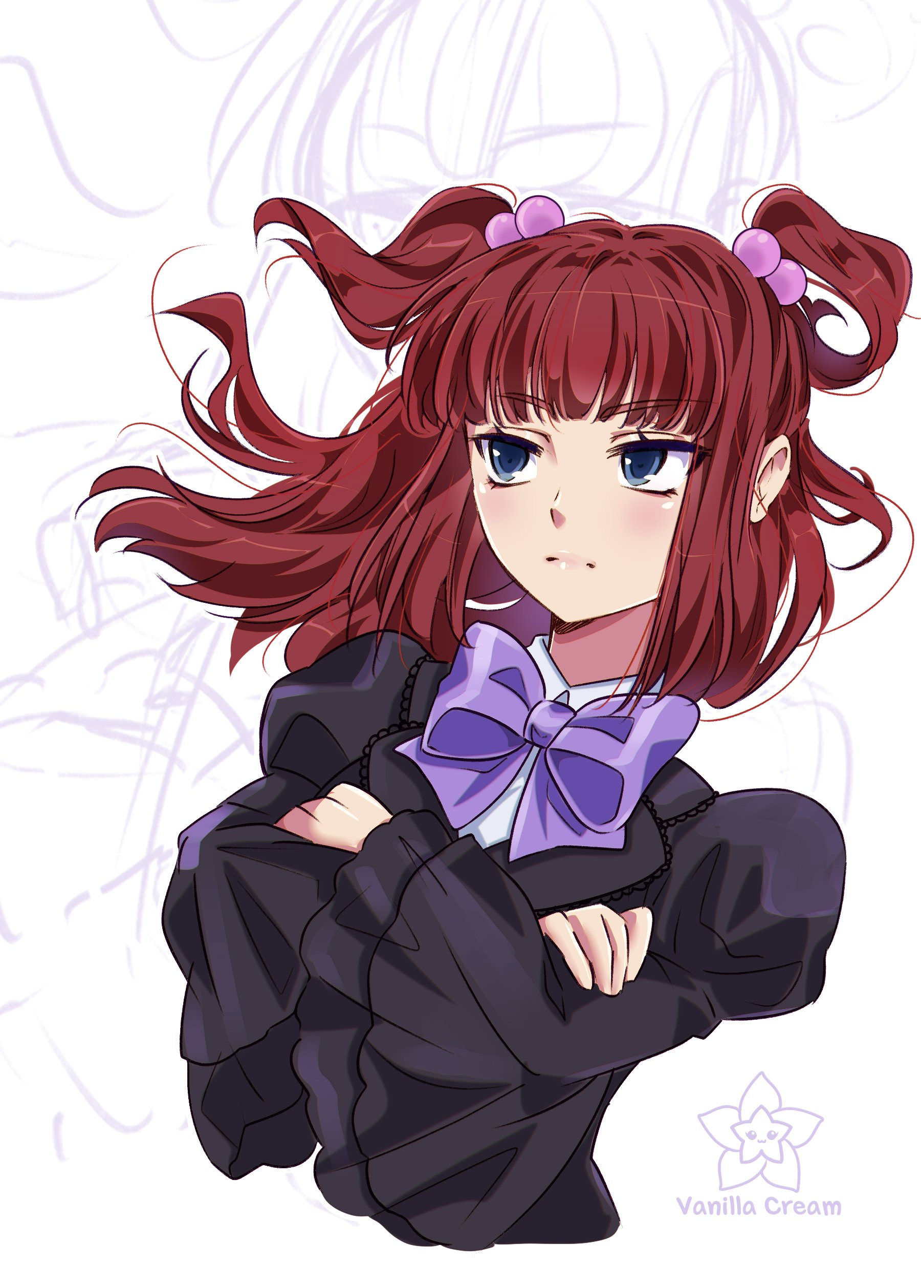 vanilla cream (artist), ushiromiya ange, umineko no naku koro ni, absurdres, highres, 1girl, blue eyes, blunt bangs, bow, bowtie, crossed arms, hair bobbles, hair ornament, juliet sleeves, long sleeves, puffy sleeves, purple bow, purple bowtie, red hair, solo, twintails, two side up