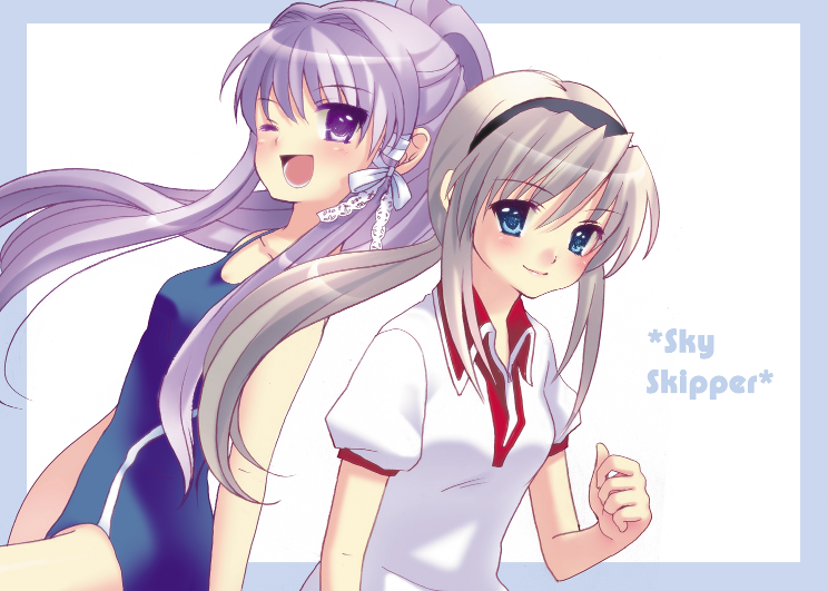 nekota chihiro, yossy, fujibayashi kyou, sakagami tomoyo, clannad, eyebrows, silver hair, 00s, 2girls, ;d, blue eyes, blush, gym uniform, hairband, long hair, looking at viewer, multiple girls, one-piece swimsuit, one eye closed, open mouth, ponytail, purple eyes, purple hair, school swimsuit, smile, swimsuit, text focus, wink