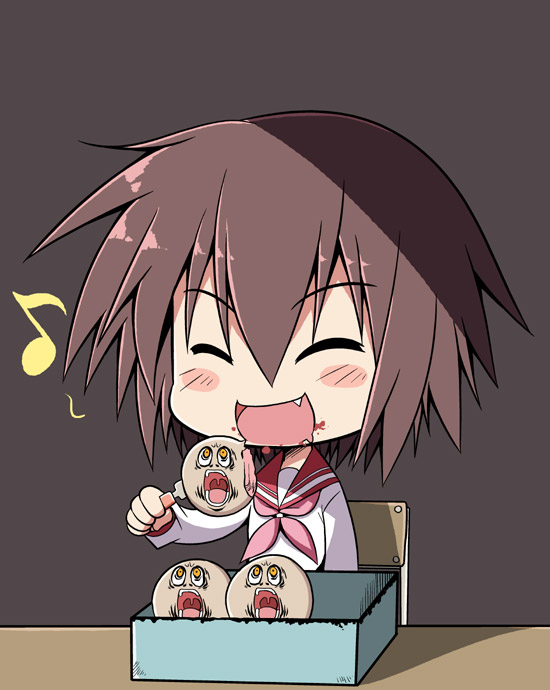 serebi ryousangata, kusakabe misao, lucky star, bad id, bad pixiv id, 00s, blood, blush, brown hair, chair, closed eyes, creepy, desk, eating, fang, food, fork, horror (theme), meatball, musical note, on chair, open mouth, school uniform, screaming, serafuku, short hair, solo, yellow eyes