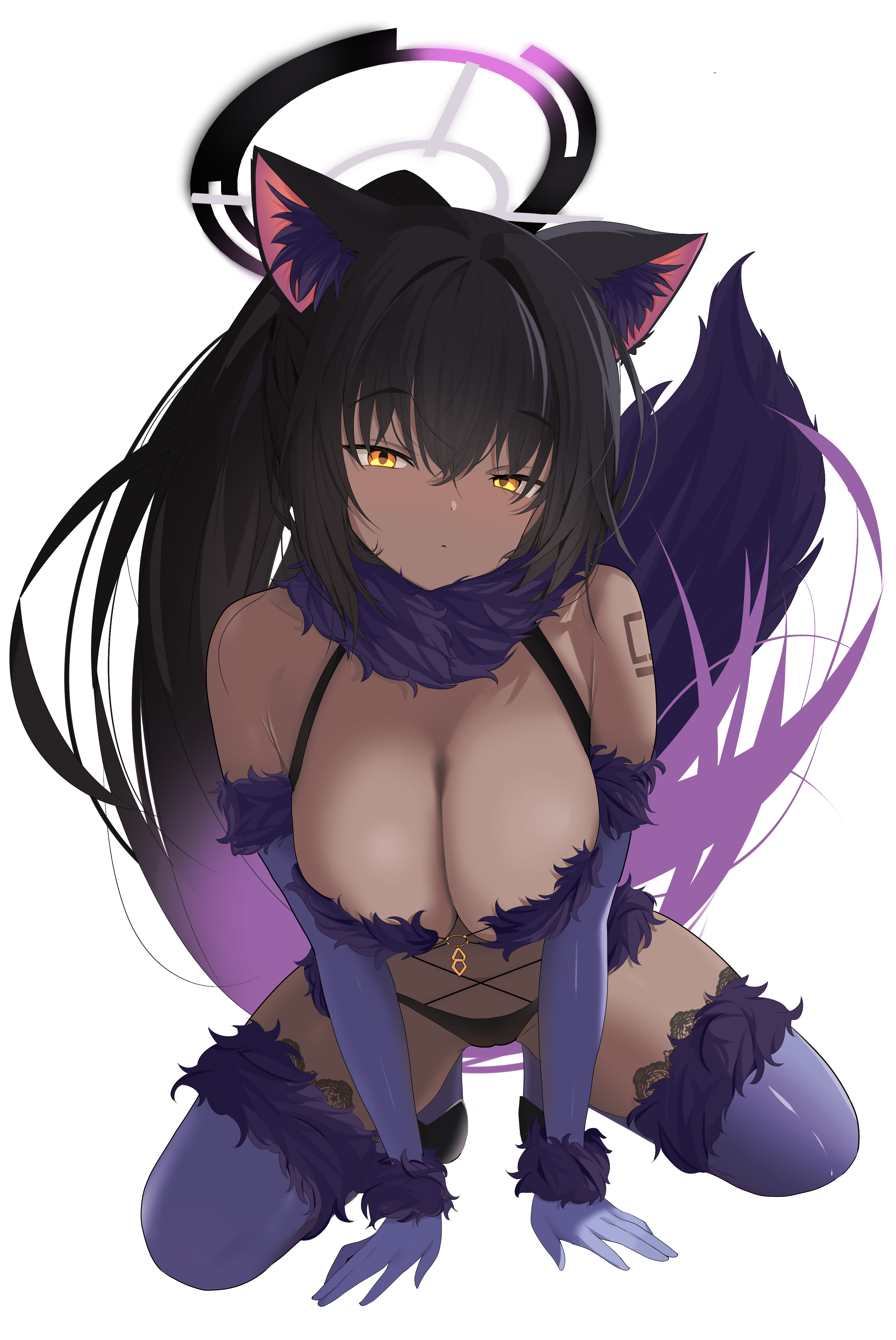 chanshiyu, karin (blue archive), mash kyrielight, mash kyrielight (dangerous beast), blue archive, fate/grand order, fate (series), absurdres, highres, 1girl, animal ears, black hair, breasts, cosplay, dark-skinned female, dark skin, elbow gloves, fur-trimmed gloves, fur-trimmed legwear, fur-trimmed thighhighs, fur bikini, fur collar, fur trim, gloves, halloween costume, halo, large breasts, long hair, looking at viewer, mash kyrielight (dangerous beast) (cosplay), number tattoo, o-ring, o-ring top, purple gloves, purple halo, purple tail, purple thighhighs, revealing clothes, solo, tail, tattoo, thighhighs, very long hair, wolf ears, wolf tail, yellow eyes