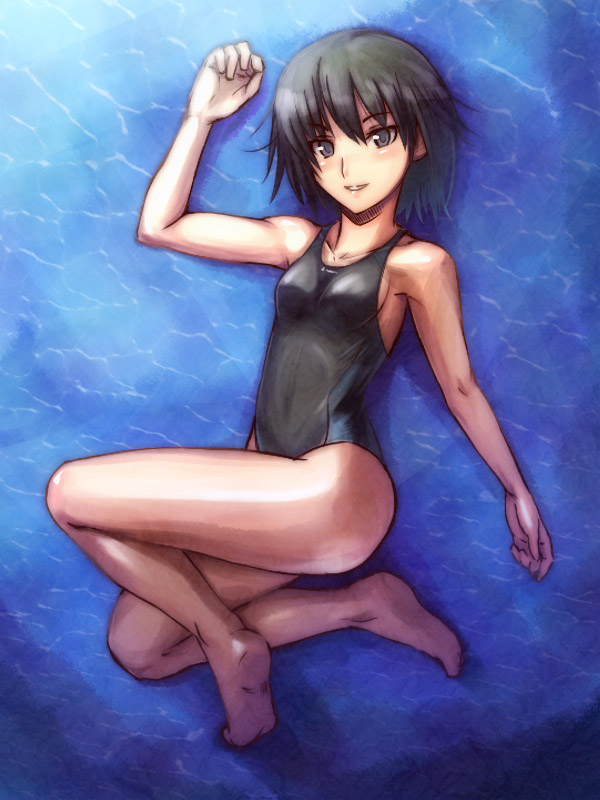 tamago, tamago (yotsumi works), nanasaki ai, amagami, 1girl, barefoot, black eyes, black hair, breasts, competition swimsuit, feet, female focus, flat chest, full body, legs, lying, one-piece swimsuit, short hair, sideboob, small breasts, solo, swimsuit