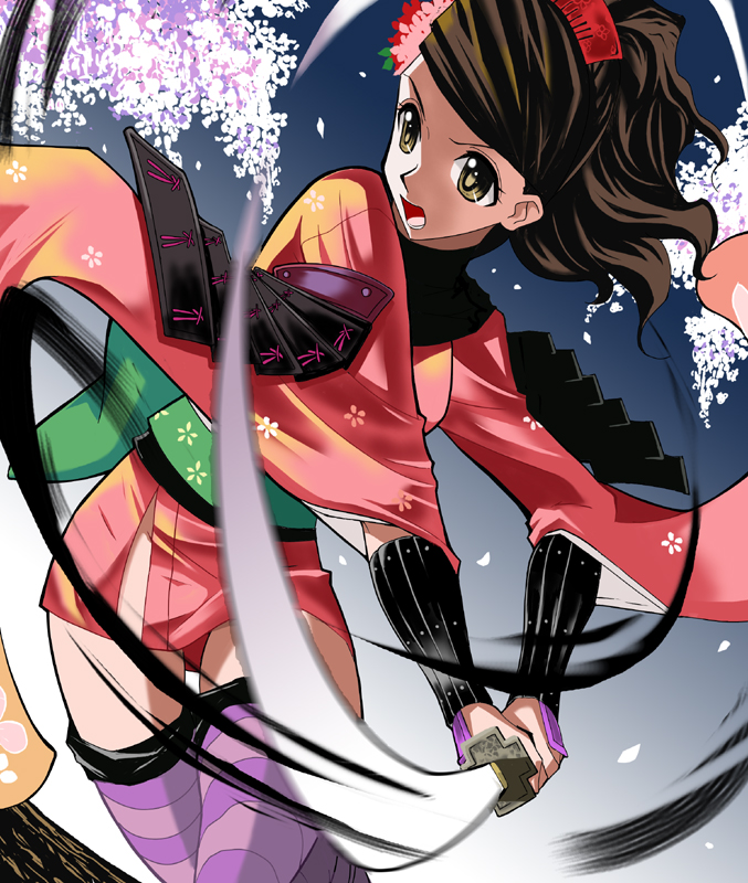 azuma reiji, momohime, oboro muramasa, striped, bad id, bad pixiv id, armor, brown eyes, brown hair, cherry blossoms, comb, flower, gauntlets, hair flower, hair ornament, holding, japanese clothes, katana, kimono, ponytail, short kimono, solo, sword, thighhighs, two-handed, weapon