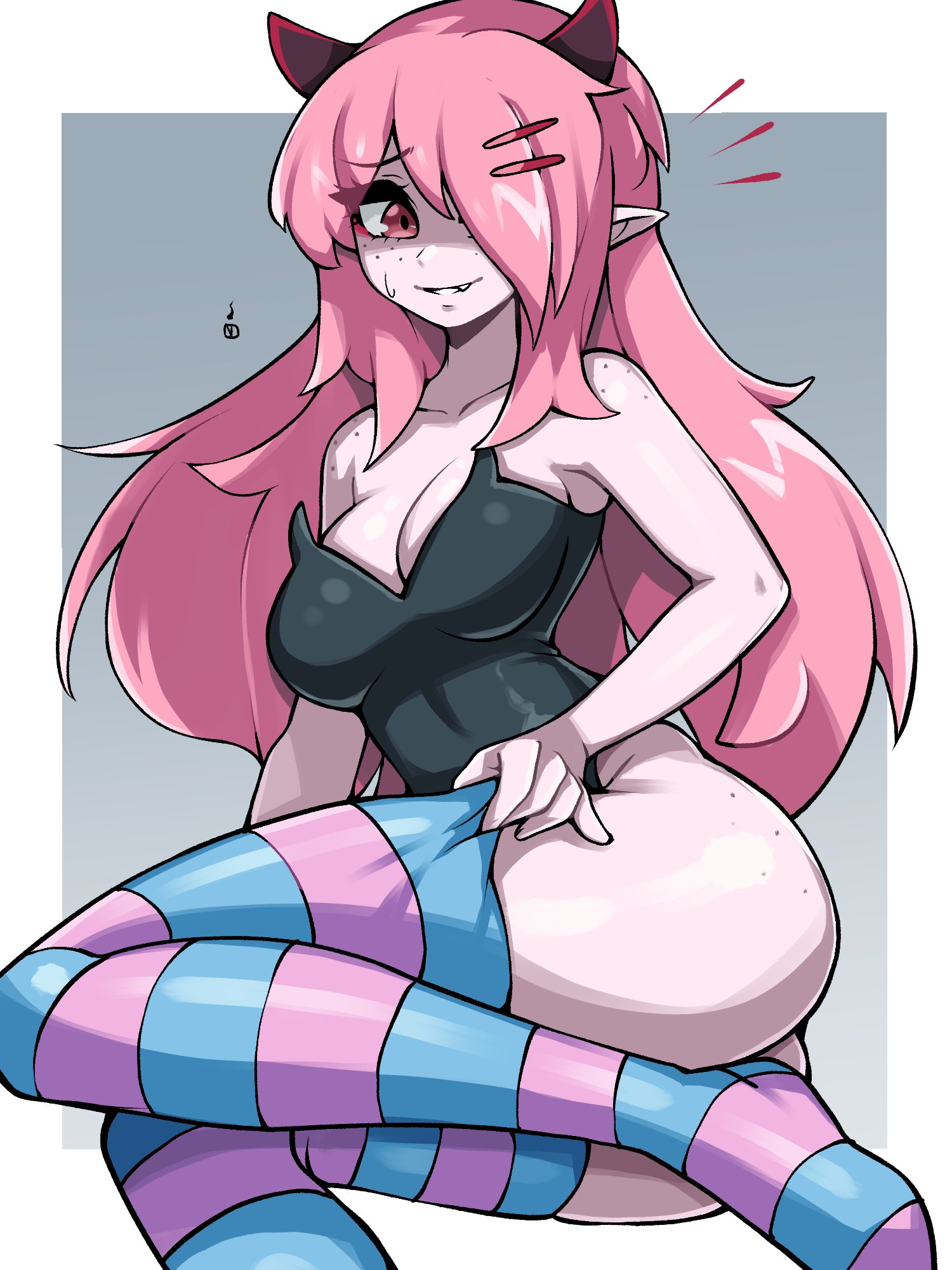 oninuer, june (megrocks), original, commentary, english commentary, highres, 1girl, adjusting clothes, adjusting legwear, ass freckles, black leotard, blue thighhighs, body freckles, border, borrowed character, breasts, demon girl, demon horns, freckles, grey background, hair ornament, hair over one eye, hairclip, horns, large breasts, leotard, long hair, looking at viewer, one eye covered, outside border, parallel hairclips, parted bangs, parted lips, pink hair, pink thighhighs, pointy ears, red eyes, shaded face, shoulder freckles, small sweatdrop, solo, strapless, strapless leotard, striped clothes, striped thighhighs, thighhighs, two-tone thighhighs, white border