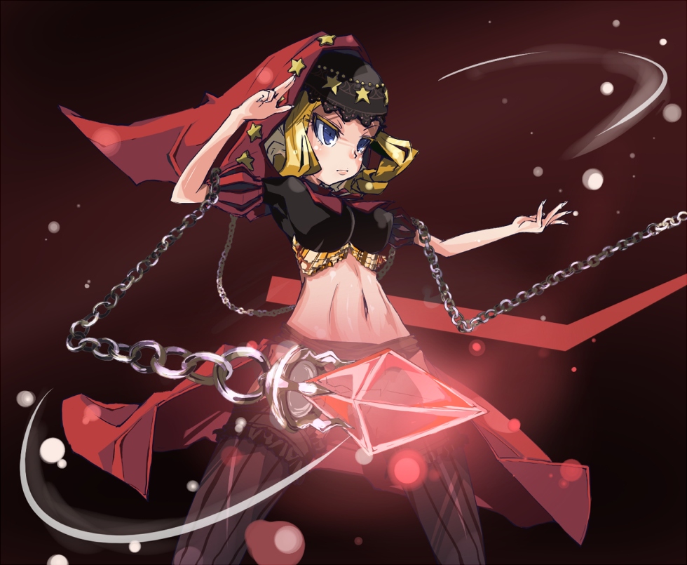 hato haru, velvet (odin sphere), odin sphere, 1girl, blonde hair, blue eyes, breasts, chain, crystal, female focus, hood, medium breasts, midriff, small breasts, solo, thighhighs