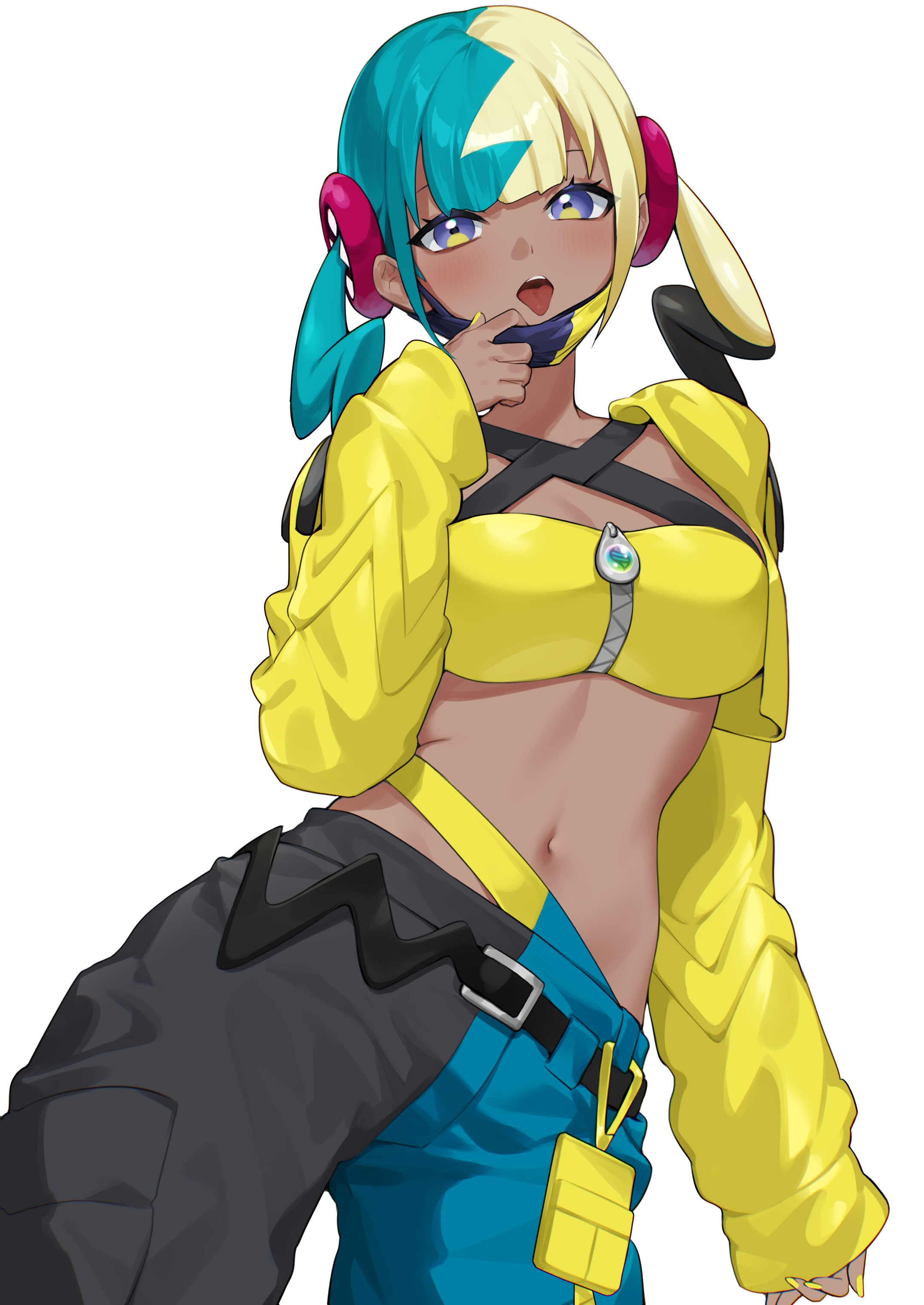 hibiwa, canari (pokemon), nintendo, pokemon, pokemon legends: z-a, absurdres, commentary, highres, 1girl, aqua hair, aqua pants, bandeau, belt, black belt, black hair, black mask, black pants, blonde hair, breasts, dark-skinned female, dark skin, jacket, long sleeves, looking at viewer, mask pull, medium breasts, midriff, multicolored hair, navel, open mouth, pants, purple eyes, short hair, simple background, solo, tongue, tongue out, twintails, two-tone mask, two-tone pants, white background, yellow bandeau, yellow jacket, yellow mask