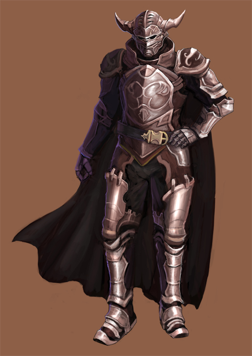 final fantasy, final fantasy xii, 00s, 1boy, armor, belt, brown background, cape, full armor, full body, gauntlets, helmet, horned helm, horns, male focus, solo