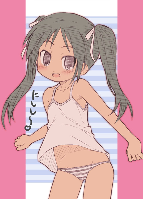 francesca lucchini, strike witches, world witches series, 00s, 1girl, bare shoulders, black hair, camisole, fang, female focus, flat chest, loli, long hair, midriff, panties, purple eyes, solo, striped clothes, striped panties, twintails, underwear