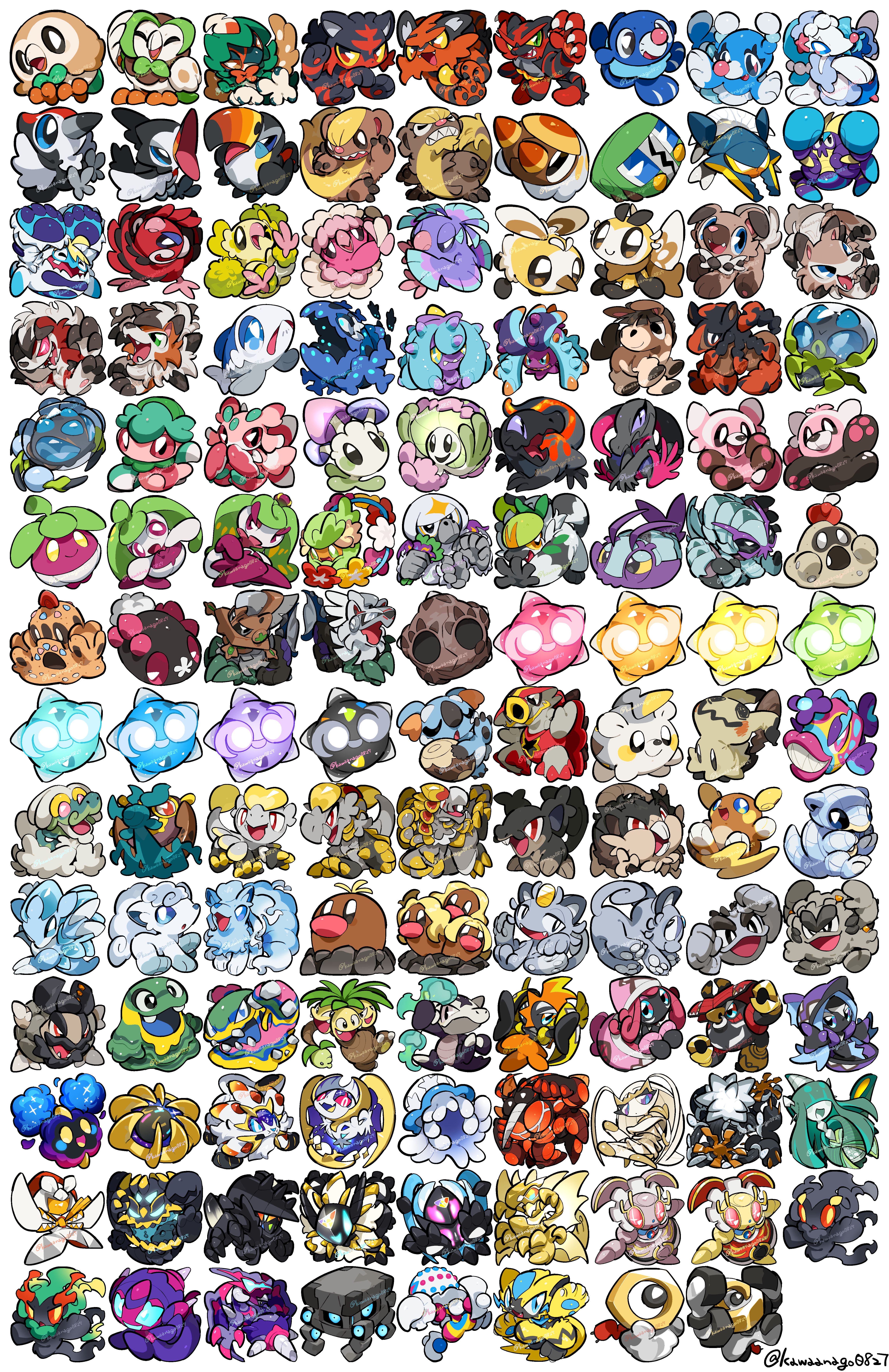 kawaanago, alolan diglett, alolan dugtrio, alolan exeggutor, alolan geodude, alolan golem, alolan graveler, alolan grimer, alolan marowak, alolan meowth, alolan muk, alolan ninetales, alolan persian, alolan raichu, alolan raticate, alolan rattata, alolan sandshrew, alolan sandslash, alolan vulpix, araquanid, bewear, blacephalon, bounsweet, brionne, bruxish, buzzwole, celesteela, charjabug, comfey, cosmoem, cosmog, crabominable, crabrawler, cutiefly, dartrix, decidueye, dewpider, dhelmise, drampa, fomantis, golisopod, grubbin, gumshoos, guzzlord, hakamo-o, incineroar, jangmo-o, kartana, komala, kommo-o, litten, lunala, lurantis, lycanroc, lycanroc (dusk), lycanroc (midday), lycanroc (midnight), magearna, magearna (normal), magearna (original), mareanie, marshadow, marshadow (zenith), melmetal, meltan, mimikyu, minior, minior (blue core), minior (core), minior (green core), minior (indigo core), minior (meteor), minior (orange core), minior (red core), minior (violet core), minior (yellow core), morelull, mudbray, mudsdale, naganadel, necrozma, necrozma (dawn wings), necrozma (dusk mane), necrozma (normal), necrozma (ultra), nihilego, oranguru, oricorio, oricorio (baile), oricorio (pa'u), oricorio (pom-pom), oricorio (sensu), palossand, passimian, pheromosa, pikipek, poipole, popplio, primarina, pyukumuku, ribombee, rockruff, rowlet, salandit, salazzle, sandygast, shiinotic, silvally, solgaleo, stakataka, steenee, stufful, tapu bulu, tapu fini, tapu koko, tapu lele, togedemaru, torracat, toucannon, toxapex, trumbeak, tsareena, turtonator, type: null, wimpod, wishiwashi, wishiwashi (school), wishiwashi (solo), xurkitree, yungoos, zeraora, nintendo, pokemon, absurdres, commentary request, highres, absolutely everyone, alolan form, alternate color, aqua eyes, black eyes, blue eyes, bone, bright pupils, chibi, chibi only, claws, closed eyes, closed mouth, coin, colored sclera, dot nose, everyone, eyelashes, fangs, fire, full body, gen 7 pokemon, gold, green eyes, green fire, holding, holding bone, koban (gold), legendary pokemon, lips, multiple heads, mythical pokemon, nostrils, nut (hardware), one-eyed, open mouth, pink eyes, pokemon (creature), pokemon focus, sharp teeth, shiny and normal, shiny pokemon, simple background, slit pupils, smile, spikes, teeth, twitter username, ultra beast, white background, white pupils, yellow pupils, yellow sclera