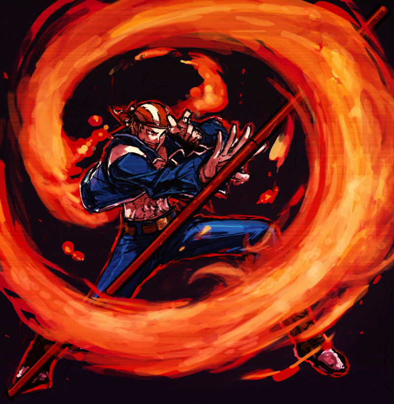 billy kane, fatal fury, snk, the king of fighters, 1boy, bandana, belt, blonde hair, fire, grin, jacket, male focus, muscular, open clothes, open jacket, smile, solo, staff, weapon