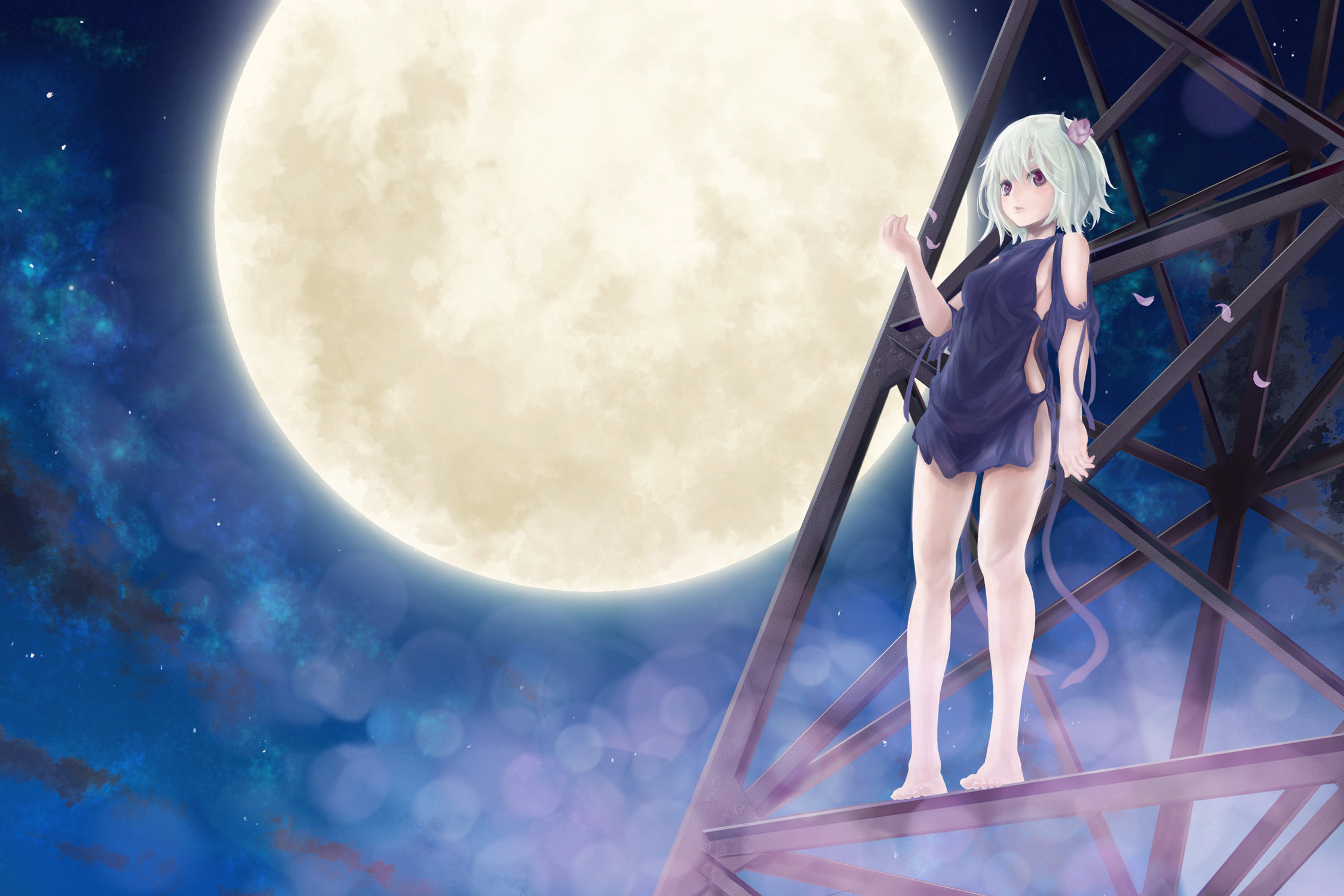 conjaku, ren (fragile), fragile, fragile: sayonara tsuki no haikyo, namco, silver hair, highres, 1girl, bare shoulders, barefoot, breasts, feet, female focus, flower, full body, full moon, hair flower, hair ornament, moon, night, no panties, petals, purple eyes, short hair, sideboob, sky, small breasts, solo, standing, transmission tower