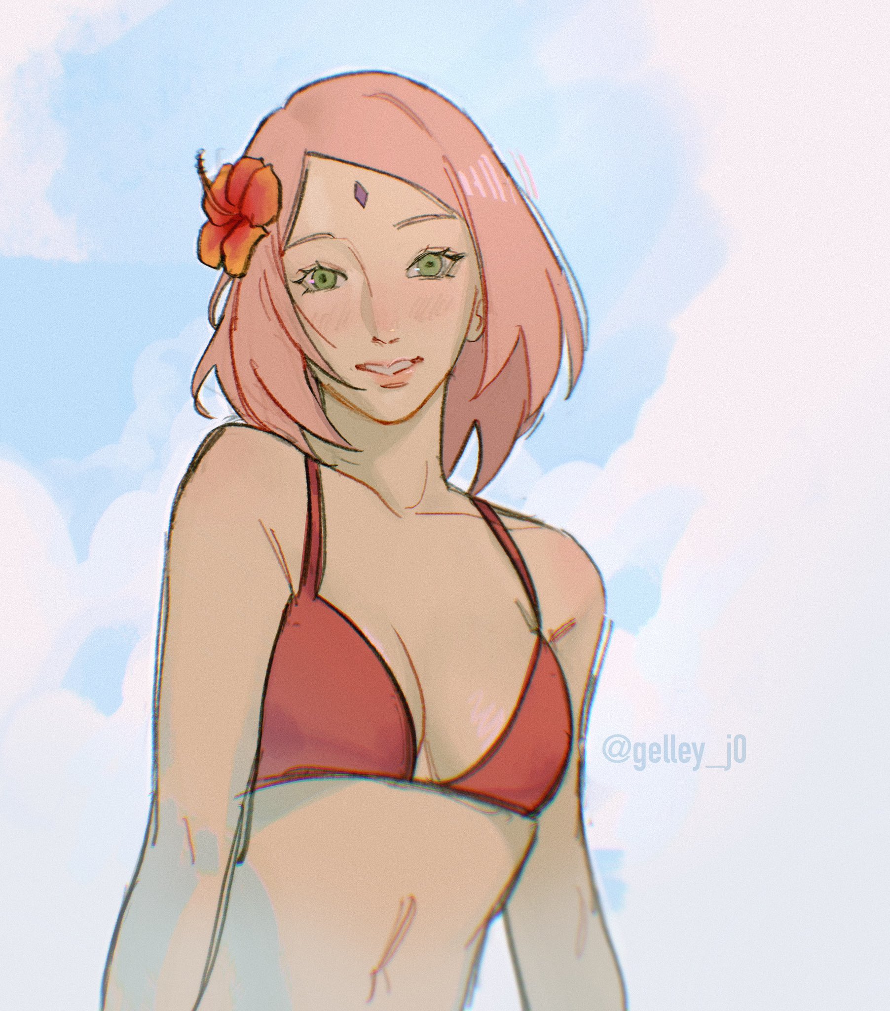 haruno sakura, naruto (series), highres, 1girl, bikini, breasts, cleavage, cloud, cloudy sky, facial mark, flower, forehead mark, gelley j0, green eyes, hair flower, hair ornament, hibiscus, light blush, looking at viewer, medium breasts, medium hair, midriff, parted bangs, parted lips, pink hair, red bikini, red flower, sky, smile, solo, swimsuit, twitter username, upper body