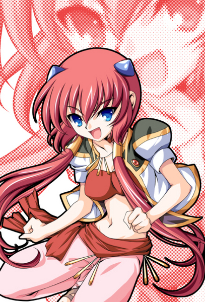 ka2, anise azeat, galaxy angel, galaxy angel rune, non-web source, 00s, 1girl, arabian clothes, bandeau, blue eyes, female focus, long hair, midriff, military, military uniform, open mouth, red hair, sash, solo, strapless, tube top, twintails
