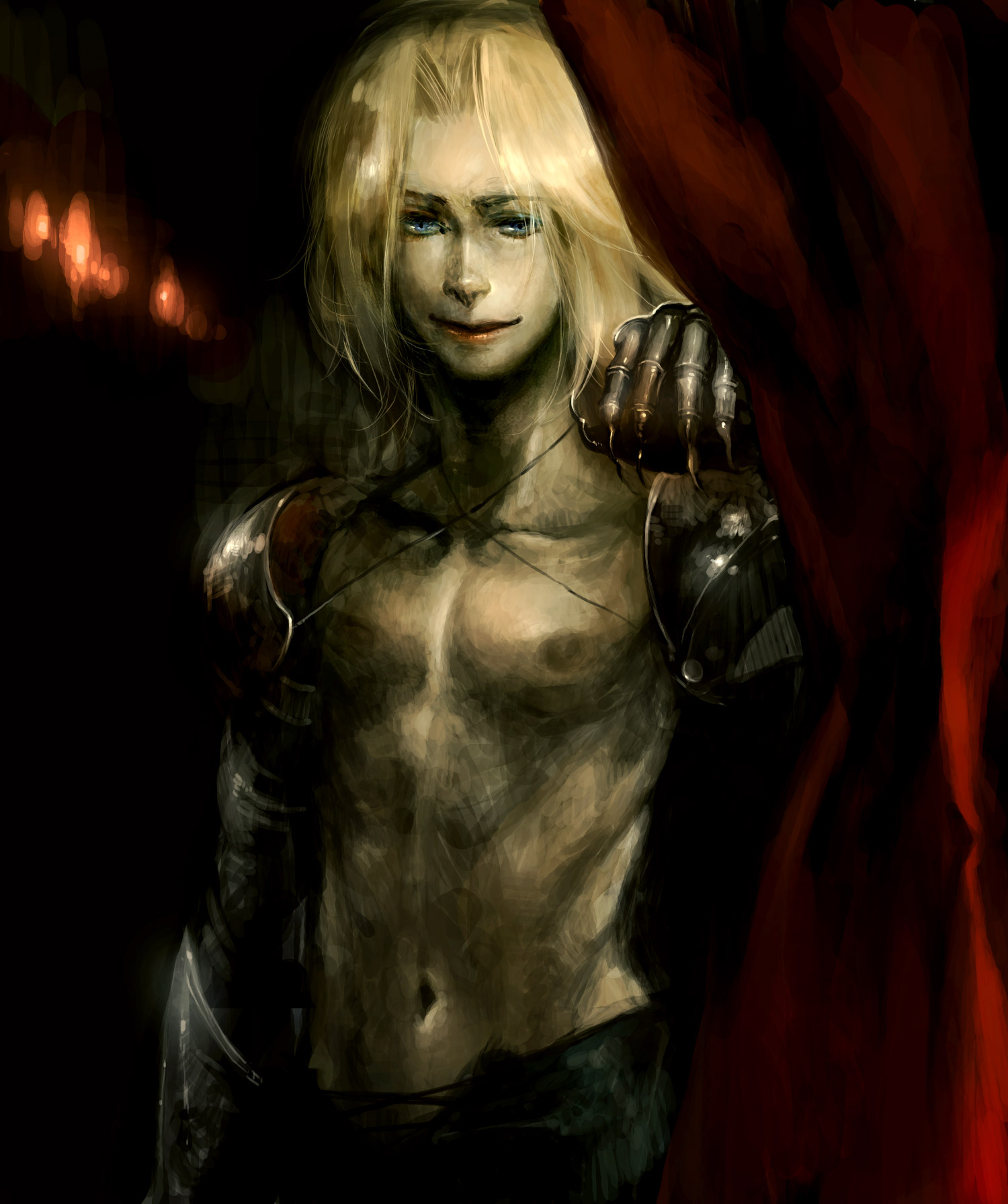lucy (artist), ruushii, sydney losstarot, vagrant story, bad id, bad pixiv id, highres, 1boy, armor, blonde hair, blue eyes, claws, creepy, curtains, gauntlets, gloves, male focus, realistic, smile, solo, topless male