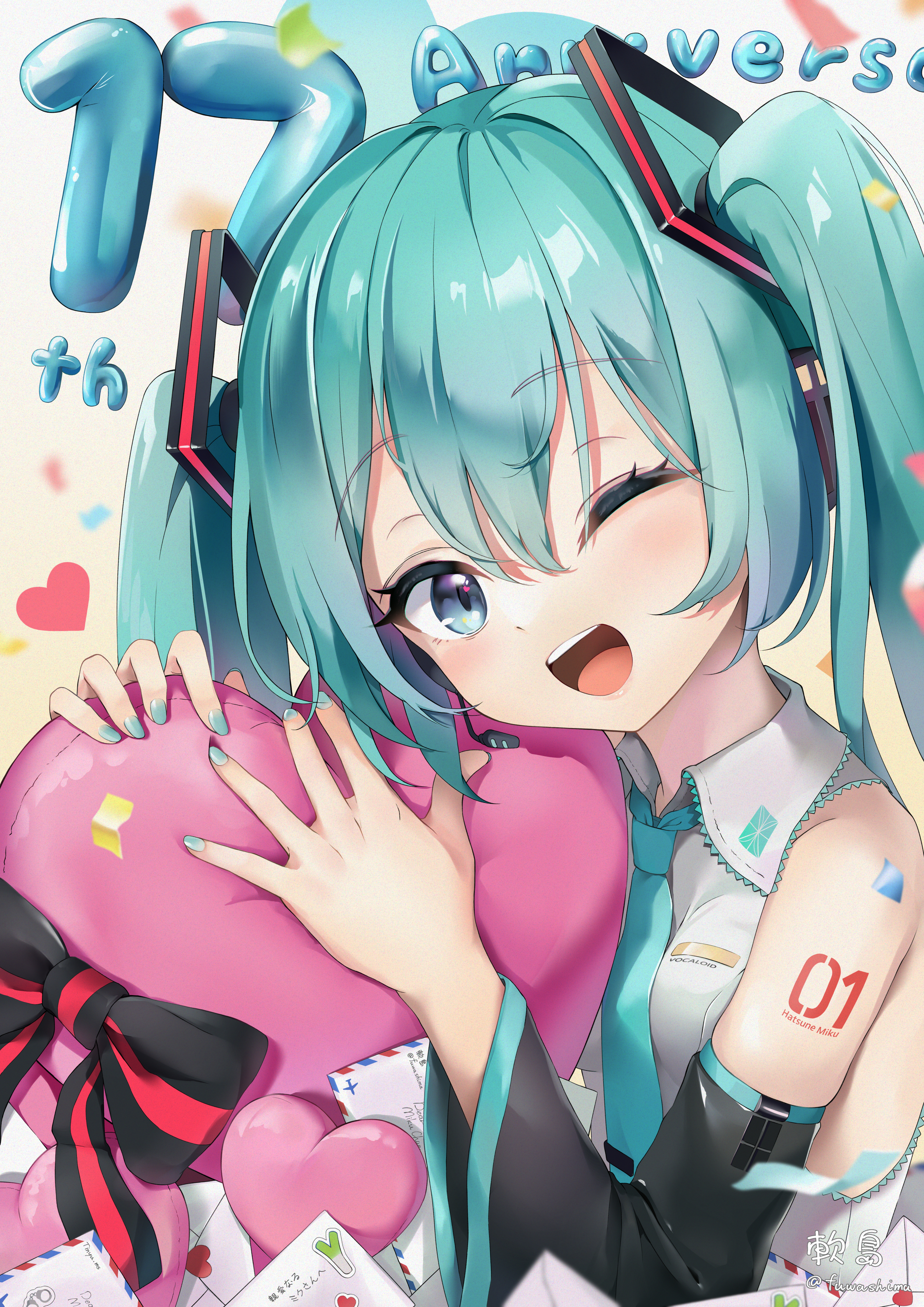 fuwashima, hatsune miku, vocaloid, absurdres, highres, 1girl, aqua eyes, aqua hair, aqua nails, aqua necktie, aqua trim, black bow, black bowtie, bow, bowtie, breasts, collared shirt, detached sleeves, hair between eyes, hair ornament, happy anniversary, headset, holding, letter, light blush, long hair, long sleeves, looking at viewer, medium breasts, necktie, one eye closed, open mouth, shirt, sleeveless, sleeveless shirt, smile, solo, twintails, very long hair, white shirt, wide sleeves