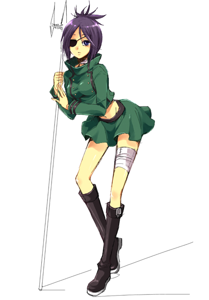 chrome dokuro, katekyo hitman reborn!, 00s, 1girl, blue eyes, boots, eyepatch, female focus, full body, miniskirt, polearm, purple hair, school uniform, short hair, simple background, skirt, solo, spear, standing, weapon, white background