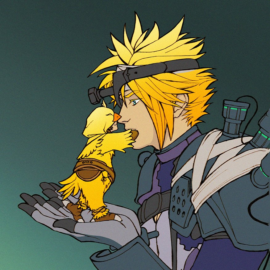 herzenreine, aerith gainsborough, aerith gainsborough (chocobo suit), chocobo, cloud strife, cloud strife (bandaged coat), frankenstein's monster, final fantasy, final fantasy vii, final fantasy vii ever crisis, 1boy, 1girl, armor, bandaged head, bandages, bird costume, blonde hair, blue eyes, bodysuit, brown gloves, brown hair, closed mouth, cosplay, frankenstein's monster (cosplay), gloves, grey background, grey gloves, hair between eyes, hand on another's cheek, hand on another's face, in palm, leather armor, object through head, official alternate costume, parted bangs, screw in head, short hair, shoulder armor, size difference, smile, spiked hair, talons, upper body, vambraces