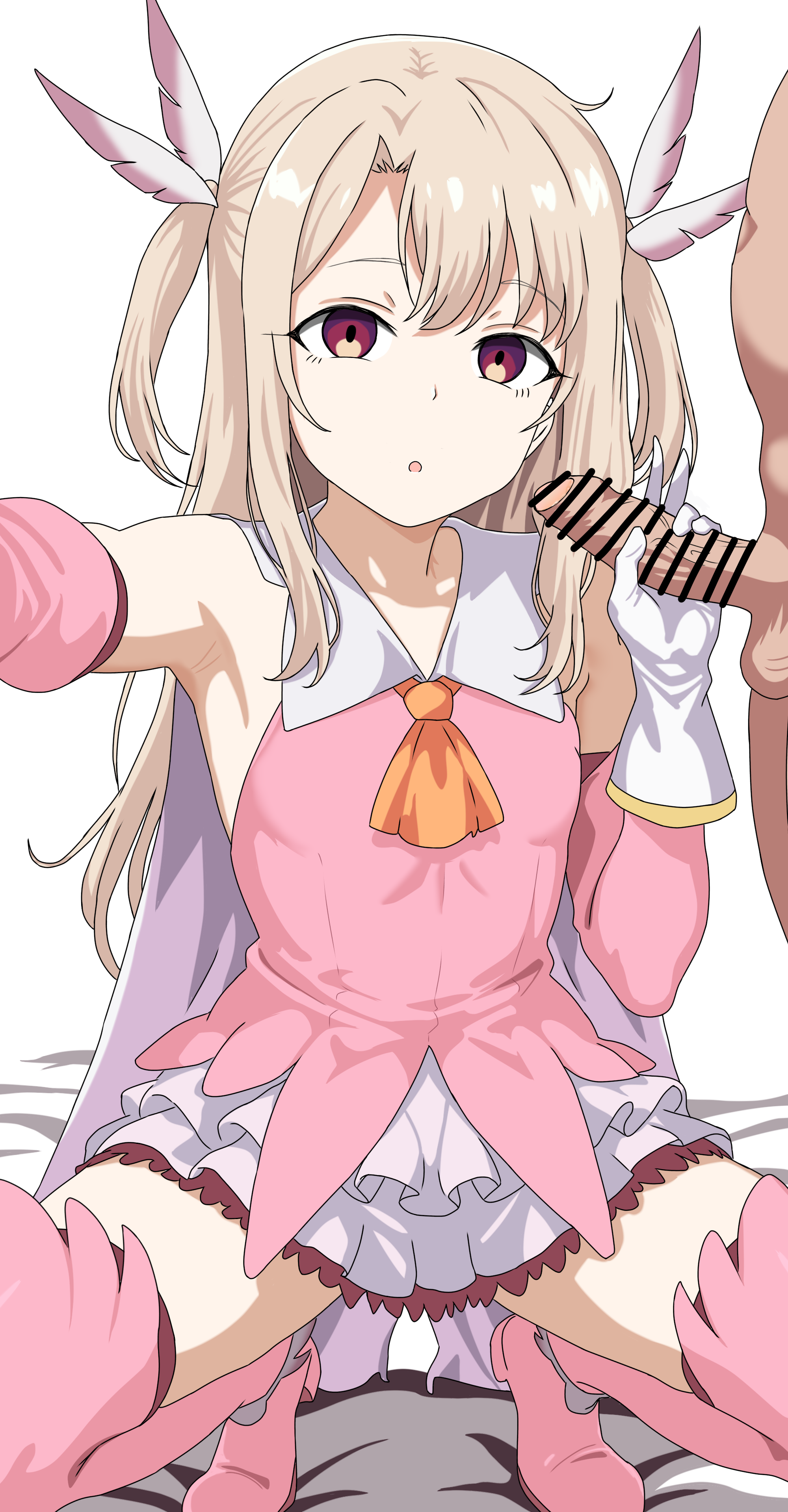 maru (asroc7233), illyasviel von einzbern, prisma illya, fate/kaleid liner prisma illya, fate (series), absurdres, commentary request, highres, variant set, 1boy, 1girl, bar censor, breasts, censored, gloves, hair ornament, hetero, long hair, penis, small breasts, squatting, thighhighs, white gloves