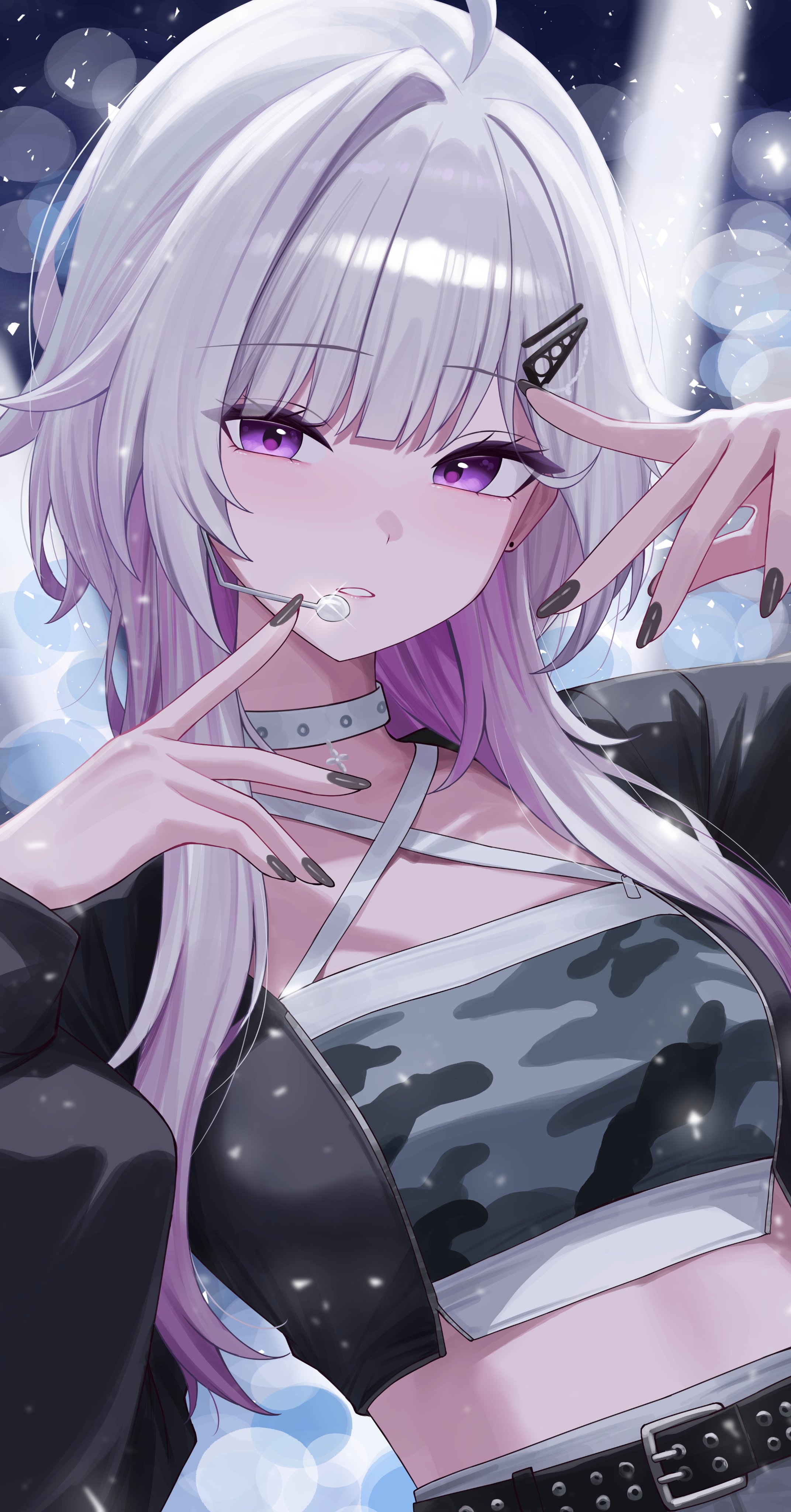 sei (0724sei6), ine (vtuber), waktaverse, absurdres, commentary, highres, 1girl, ahoge, belt, black jacket, black nails, camouflage, camouflage shirt, choker, criss-cross halter, crop top, cropped jacket, gradient hair, hair ornament, hairclip, halterneck, jacket, long hair, looking at viewer, midriff, multicolored hair, nail polish, open clothes, open jacket, parted lips, purple eyes, shirt, solo, studded belt, upper body, virtual youtuber, white choker, white hair