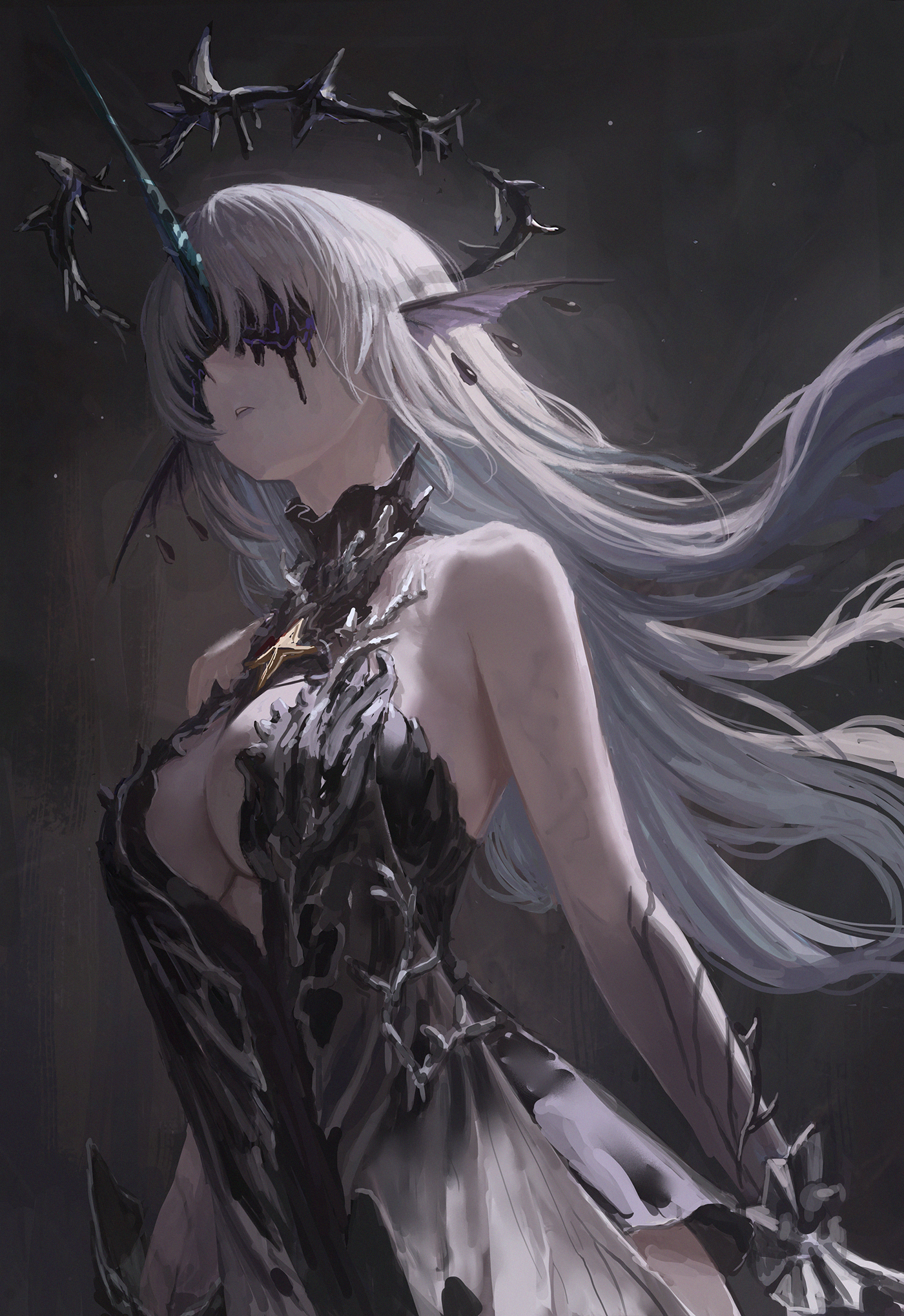 ddcc0123, leviathan (wuthering waves), wuthering waves, commentary, highres, 1girl, armored gloves, bare shoulders, black dress, blue horns, breasts, cleavage cutout, clothing cutout, covered eyes, crown of thorns, dark background, dress, earrings, facing ahead, fins, floating earrings, grey hair, head fins, horns, jewelry, large breasts, long hair, long horns, multiple earrings, parted lips, sidelocks, single horn, solo, upper body