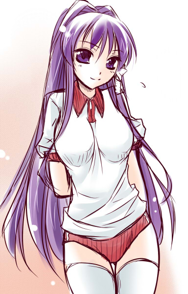 abe inori, fujibayashi kyou, clannad, bad id, bad pixiv id, 00s, buruma, gym uniform, long hair, narrow waist, purple eyes, purple hair, solo, thigh gap, thighhighs, thighs