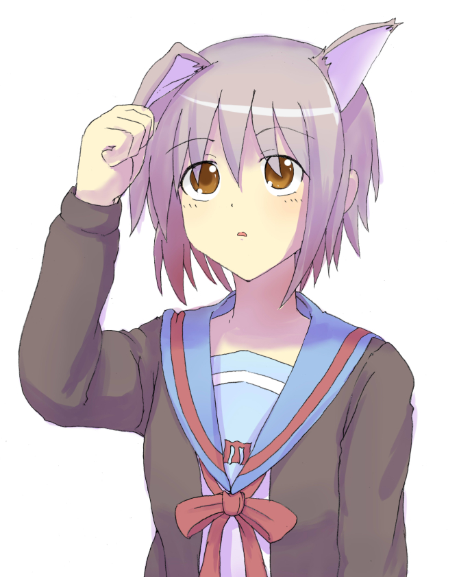 nagato yuki, suzumiya haruhi no yuuutsu, 00s, animal ears, brown eyes, hand on own ear, looking up, pulling own ear, purple hair, school uniform, serafuku, short hair, solo