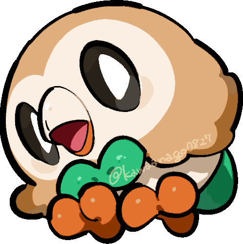 kawaanago, rowlet, nintendo, pokemon, lowres, chibi, chibi only, full body, gen 7 pokemon, no humans, open mouth, pokemon (creature), pokemon focus, solo, transparent background, twitter username