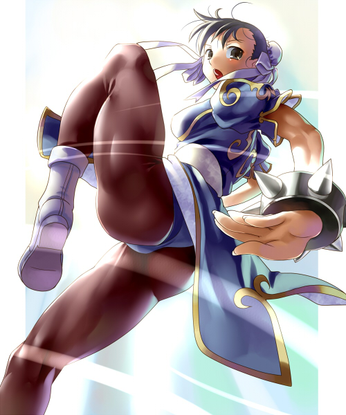 katahira masashi, chun-li, capcom, street fighter, 1girl, ass, boots, bracelet, brown hair, bun cover, china dress, chinese clothes, double bun, dress, female focus, hair bun, jewelry, legs, pantyhose, pelvic curtain, solo, spiked bracelet, spikes