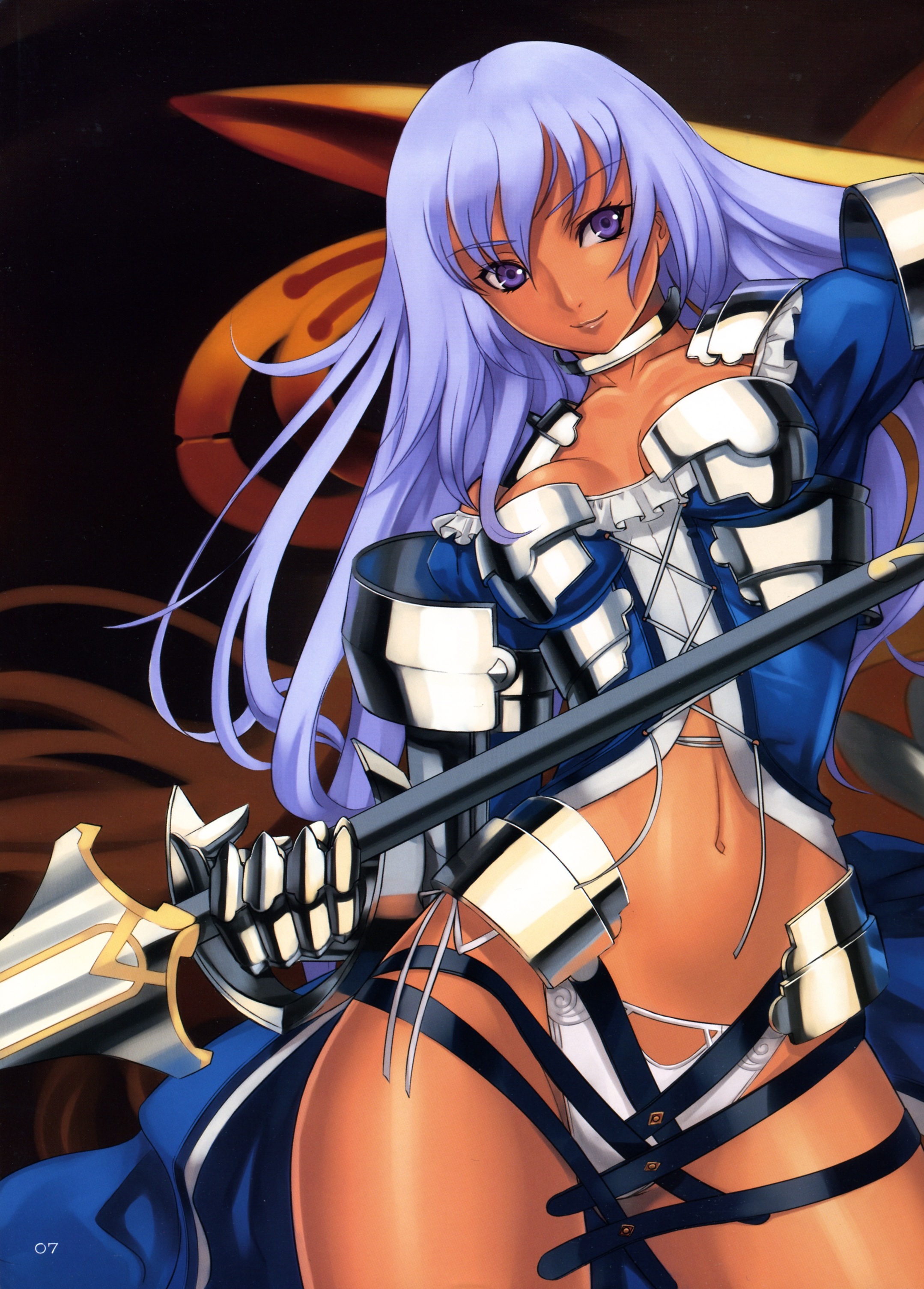 eiwa, absurdres, highres, scan, 1girl, armor, breasts, cleavage, collar, dark-skinned female, dark skin, female focus, gauntlets, long hair, midriff, navel, panties, polearm, purple eyes, purple hair, shoulder pads, side-tie panties, smile, solo, spear, underwear, weapon, white panties
