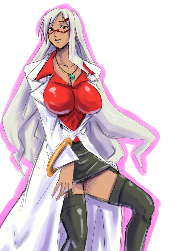 rickert kai, parace l'sia, aq interactive, arcana heart, arcana heart 2, atlus, examu, 1girl, black thighhighs, bracelet, breasts, cleavage, dark-skinned female, dark skin, female focus, garter belt, glasses, hair ornament, hairclip, jewelry, lab coat, large breasts, long hair, miniskirt, necklace, pencil skirt, pendant, skirt, smile, solo, thighhighs, very long hair, white hair, zettai ryouiki