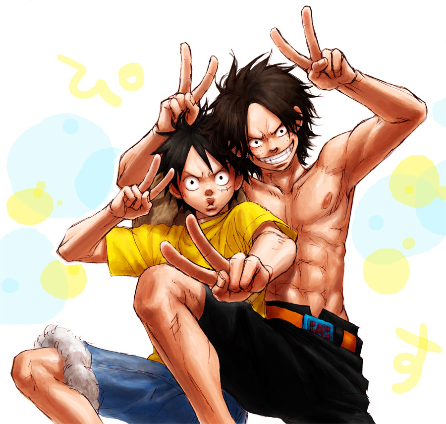 airotagivan, monkey d. luffy, portgas d. ace, one piece, bad id, bad pixiv id, 2boys, belt, black hair, black shorts, brothers, denim, denim shorts, double v, freckles, grin, male focus, multiple boys, muscular, scar, shirt, shorts, siblings, smile, t-shirt, topless male, v
