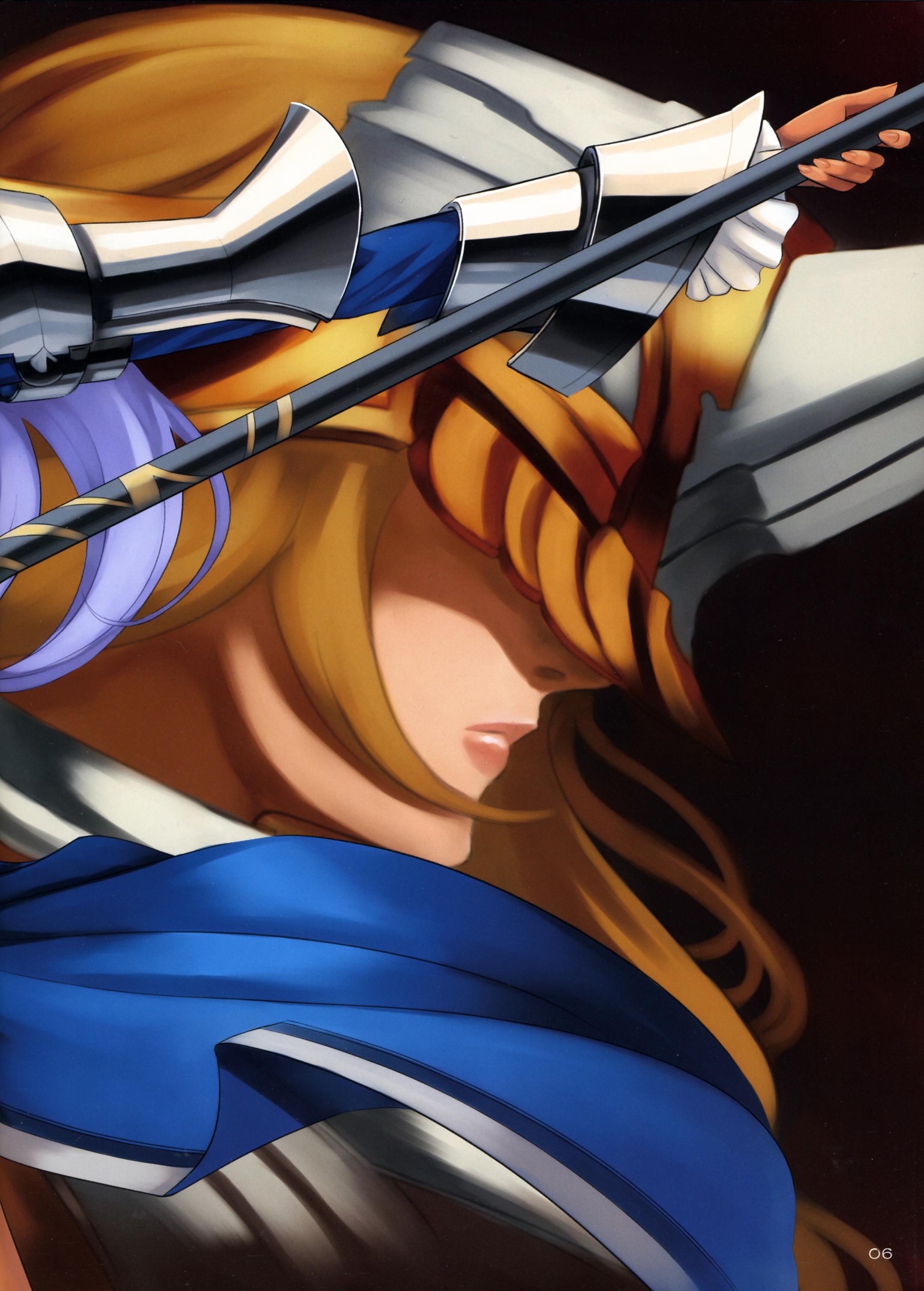 eiwa, absurdres, highres, scan, blonde hair, helmet, lips, polearm, solo, weapon