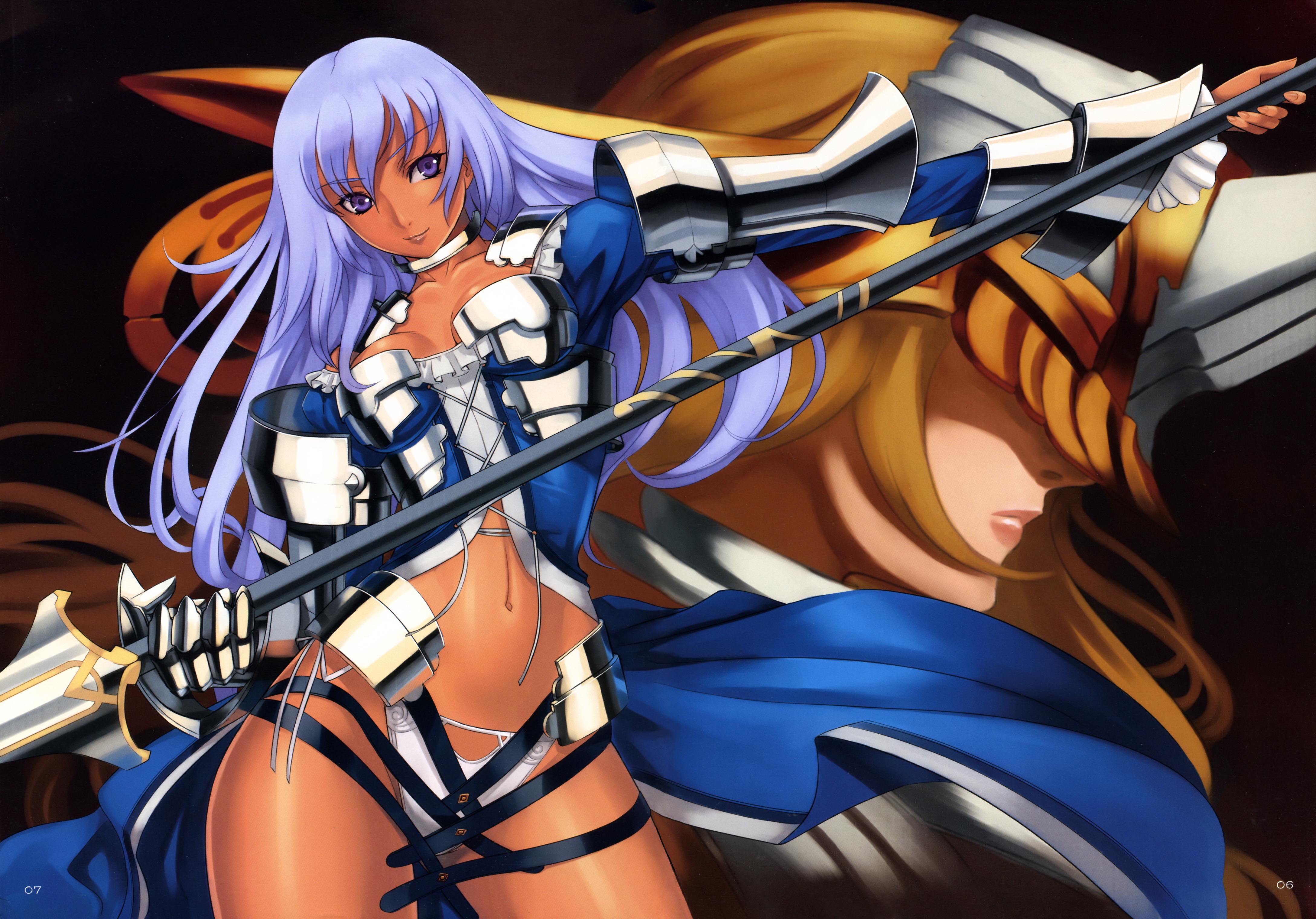eiwa, absurdres, highres, scan, 1girl, armor, breasts, cleavage, collar, dark-skinned female, dark skin, female focus, gauntlets, joined pages, long hair, medium breasts, midriff, panties, polearm, purple eyes, purple hair, shoulder pads, side-tie panties, smile, solo, spear, underwear, weapon, white panties