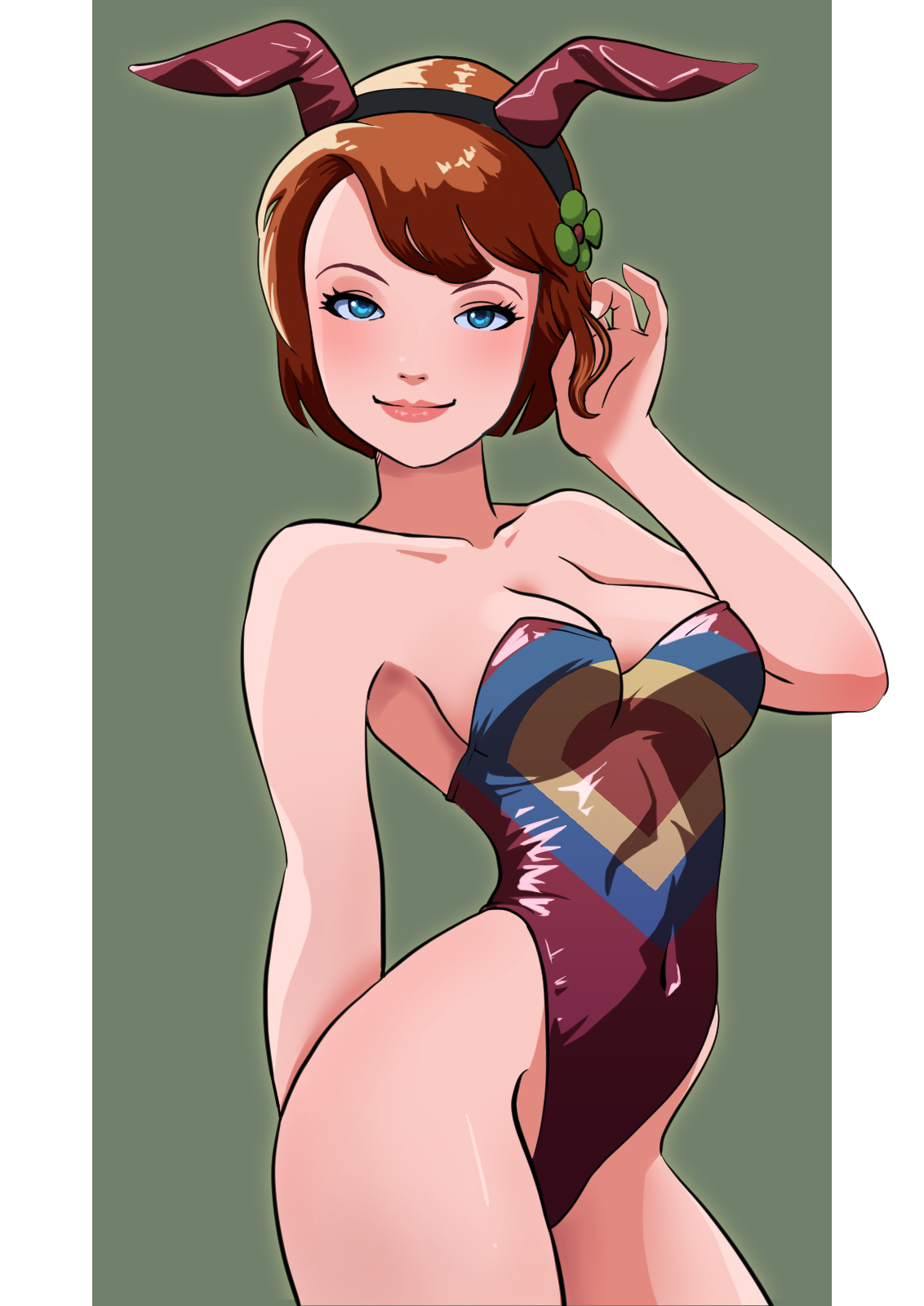 oira wa arumajiro, nagisa-sensei, chargeman ken!, highres, 1girl, animal ears, blue eyes, blush, breasts, brown hair, cleavage, collarbone, fake animal ears, flower, green background, green flower, hair flower, hair ornament, highleg, highleg leotard, leotard, looking at viewer, medium breasts, playboy bunny, purple leotard, rabbit ears, short hair, smile, standing