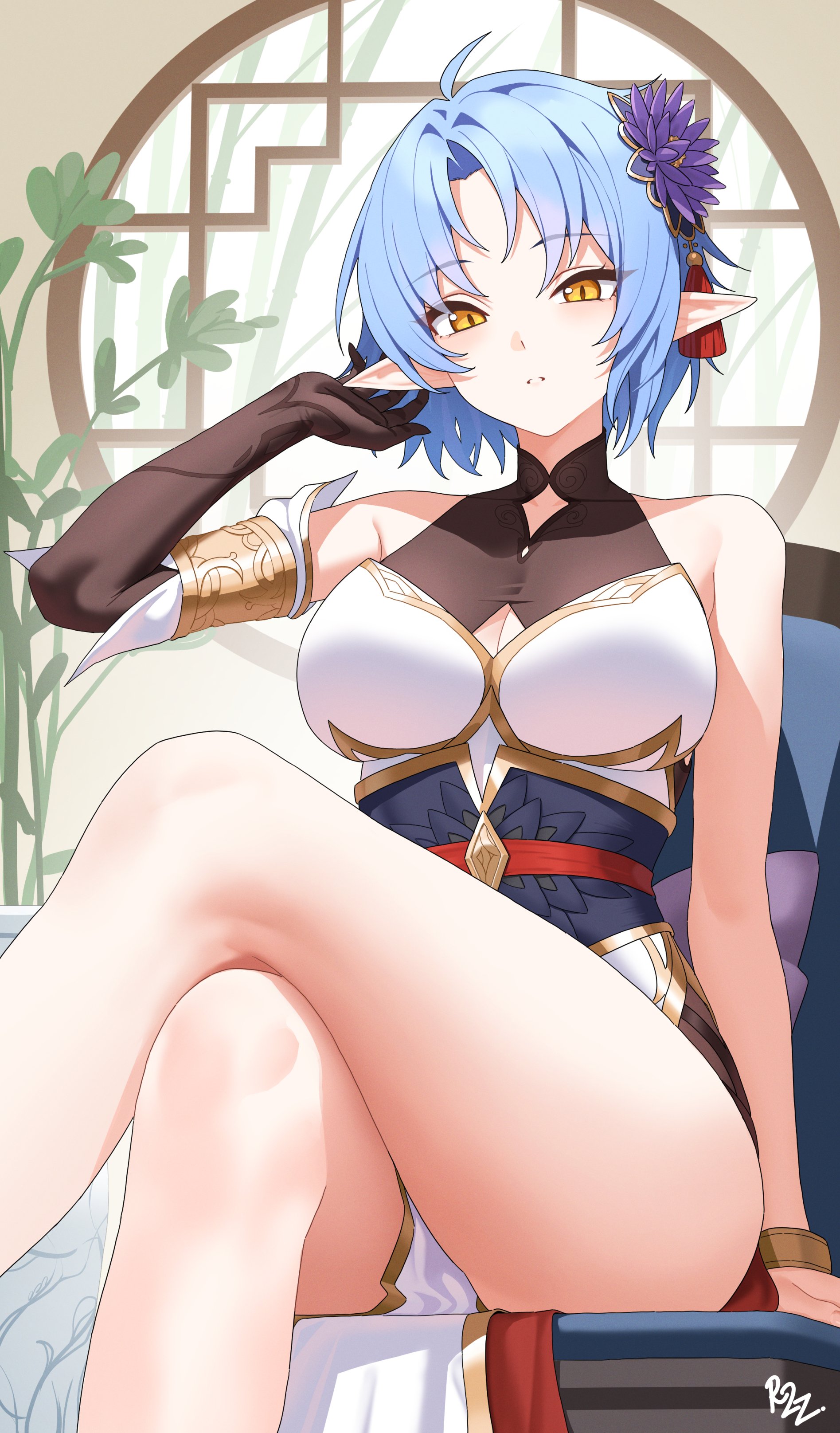 dhokidoki, original, absurdres, commission, highres, vgen commission, 1girl, ahoge, bare legs, bare shoulders, blue hair, breasts, brown gloves, cleavage, cleavage cutout, clothing cutout, crossed legs, dress, elbow gloves, feet out of frame, flower, gloves, gold trim, hair flower, hair ornament, hand up, looking at viewer, medium breasts, obi, parted lips, pelvic curtain, pointy ears, sash, short hair, single elbow glove, sitting, sleeveless, sleeveless dress, solo, tassel, tassel hair ornament, thighs, white dress, yellow eyes