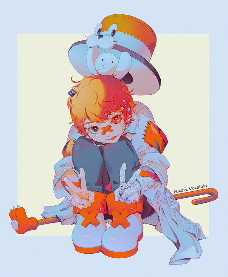 asertr, fukase, point (vocaloid), vocaloid, commentary request, 1boy, :d, animal hat, ankle boots, bandaged arm, bandages, boots, border, cane, character name, chromatic aberration, coat, collared coat, colored sclera, colored shoe soles, copyright name, double v, fingernails, flag, full body, grey border, grey pants, hair between eyes, hat, head flag, head on knees, headset, hunched over, knees up, long sleeves, looking at viewer, male focus, mismatched sclera, open mouth, outside border, pants, red eyes, red hair, red sclera, short hair, simple background, sitting, smile, solo, swept bangs, tongue, top hat, v, white boots, white coat, white hat, yellow background