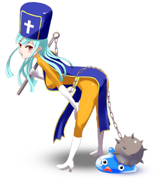 priest (dq3), chunsoft, dragon quest, dragon quest iii, enix, slime, artist request, bodysuit, latex, mace, weapon