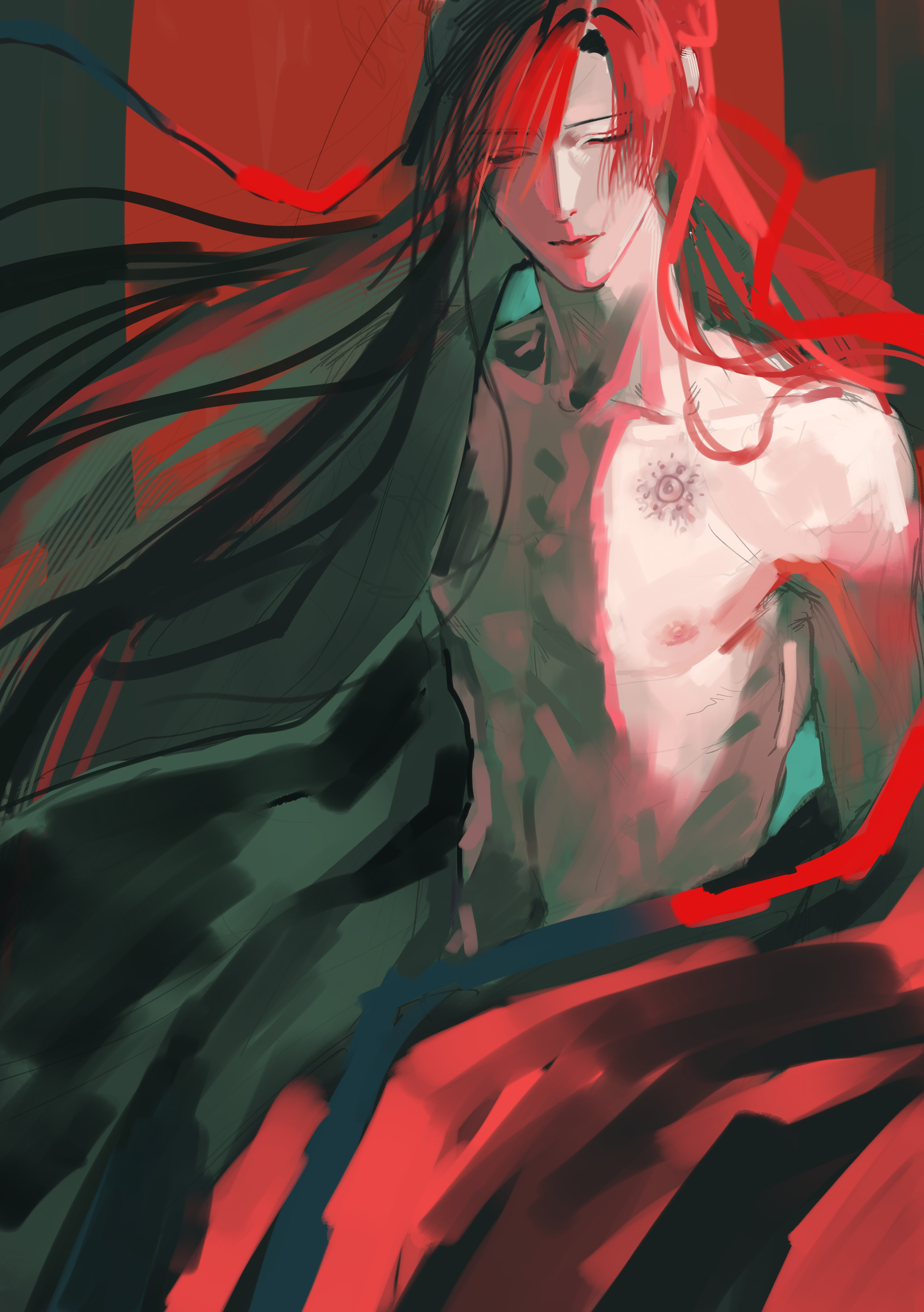 actcat3, wei wuxian, wei wuxian (yiling laozu), modao zushi, absurdres, highres, 1boy, abs, bare pectorals, bishounen, black hair, black hanfu, branded, chinese clothes, closed eyes, closed mouth, collarbone, hair down, hair ribbon, half updo, hanfu, long hair, male focus, navel, nipples, official alternate hairstyle, open clothes, open robe, pectorals, red background, red light, red ribbon, red theme, ribbon, robe, scar, scar on chest, solo, topless male, very long hair