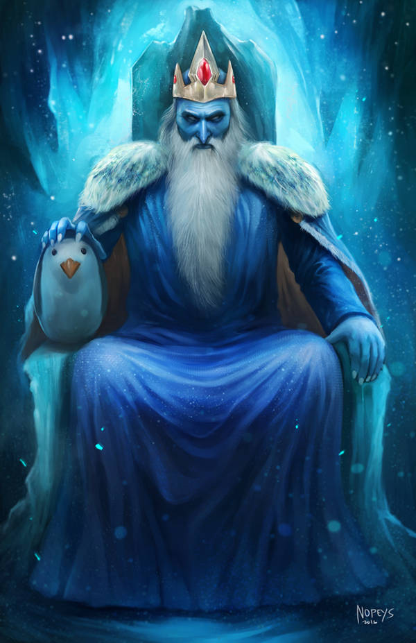 nopeys, gunter (adventure time), ice king, adventure time, commentary, english commentary, 1boy, artist name, bags under eyes, beard, bird, blue robe, blue skin, cape, colored skin, crown, facial hair, full body, fur-trimmed cape, fur cape, fur trim, gem, grey hair, ice, long beard, male focus, old, old man, penguin, petting, red gemstone, robe, sitting, sitting on throne, throne