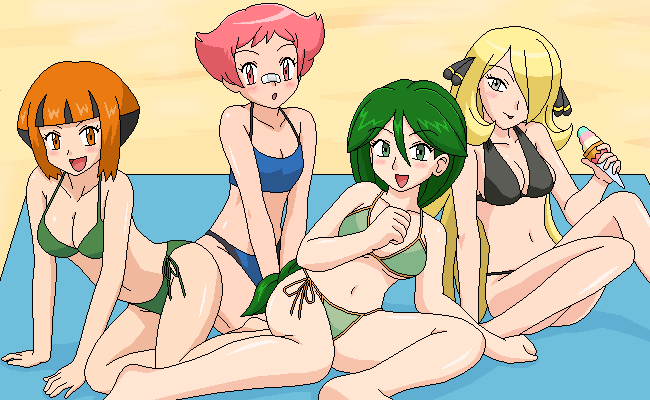 kuro hopper, cheryl (pokemon), cynthia (pokemon), gardenia (pokemon), maylene (pokemon), nintendo, pokemon, pokemon dppt, bad id, bad pixiv id, 00s, 4girls, bandages, bare shoulders, barefoot, beach, bikini, blonde hair, blush, breasts, cleavage, female focus, food, green hair, gym leader, hair over one eye, ice cream, long hair, medium breasts, midriff, multiple girls, navel, oekaki, orange hair, pink hair, short hair, side-tie bikini bottom, small breasts, smile, swimsuit