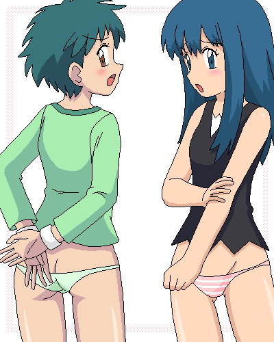 kuro hopper, angie (pokemon), dawn (pokemon), nintendo, pokemon, pokemon (anime), pokemon dppt (anime), bad id, bad pixiv id, lowres, 2girls, androgynous, ass, butt crack, embarrassed, flat ass, multiple girls, oekaki, panties, reverse trap, striped clothes, striped panties, underwear
