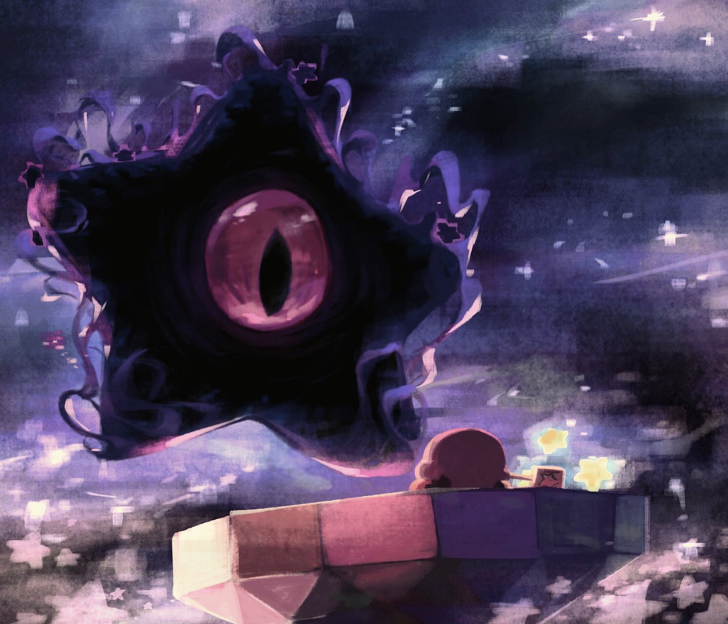 suyasuyabi, dark nebula, kirby, kirby: squeak squad, kirby (series), nintendo, highres, revision, aura, battle, dark aura, face-to-face, floating, from behind, holding, holding wand, looking at another, no humans, one-eyed, outdoors, purple eyes, size difference, slit pupils, space, standing, star (sky), star (symbol), triple star, wand