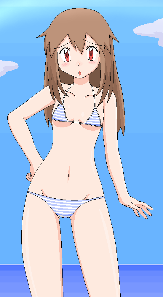 kuro hopper, leaf (pokemon), nintendo, pokemon, pokemon frlg, bad id, bad pixiv id, 00s, 1girl, :o, beach, bikini, blush, brown hair, day, female focus, flat chest, lowleg, lowleg bikini, oekaki, red eyes, solo, swimsuit