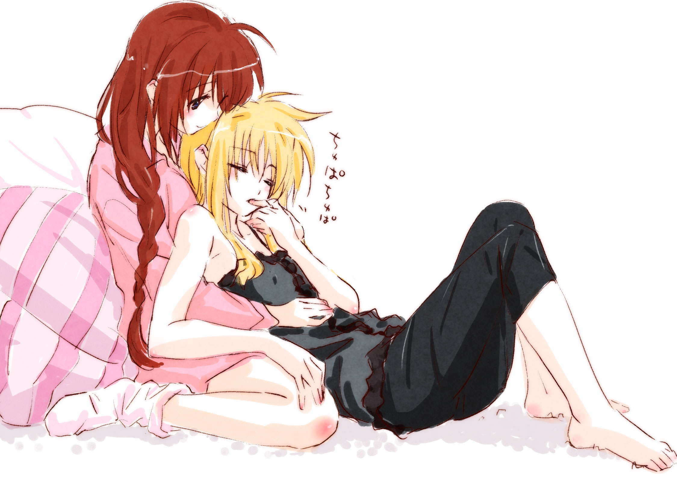 tokoharu, fate testarossa, takamachi nanoha, lyrical nanoha, mahou shoujo lyrical nanoha, mahou shoujo lyrical nanoha strikers, highres, 00s, 2girls, bare shoulders, barefoot, blonde hair, braid, brown hair, camisole, closed eyes, couple, feet, finger in another's mouth, finger sucking, holding hands, hug, long hair, multiple girls, pajamas, reclining, socks, yuri